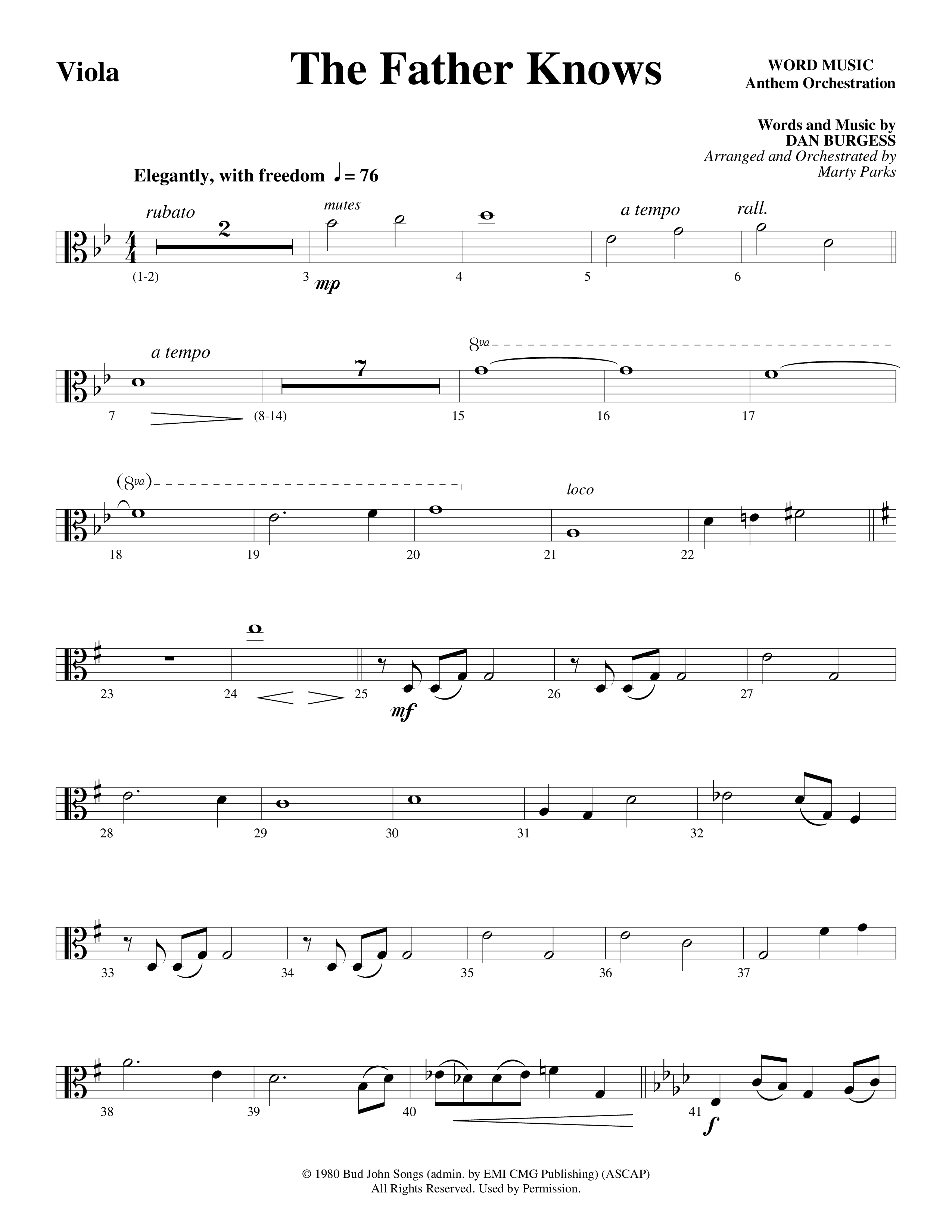 The Father Knows (Choral Anthem SATB) Viola (Word Music Choral / Arr. Marty Parks)
