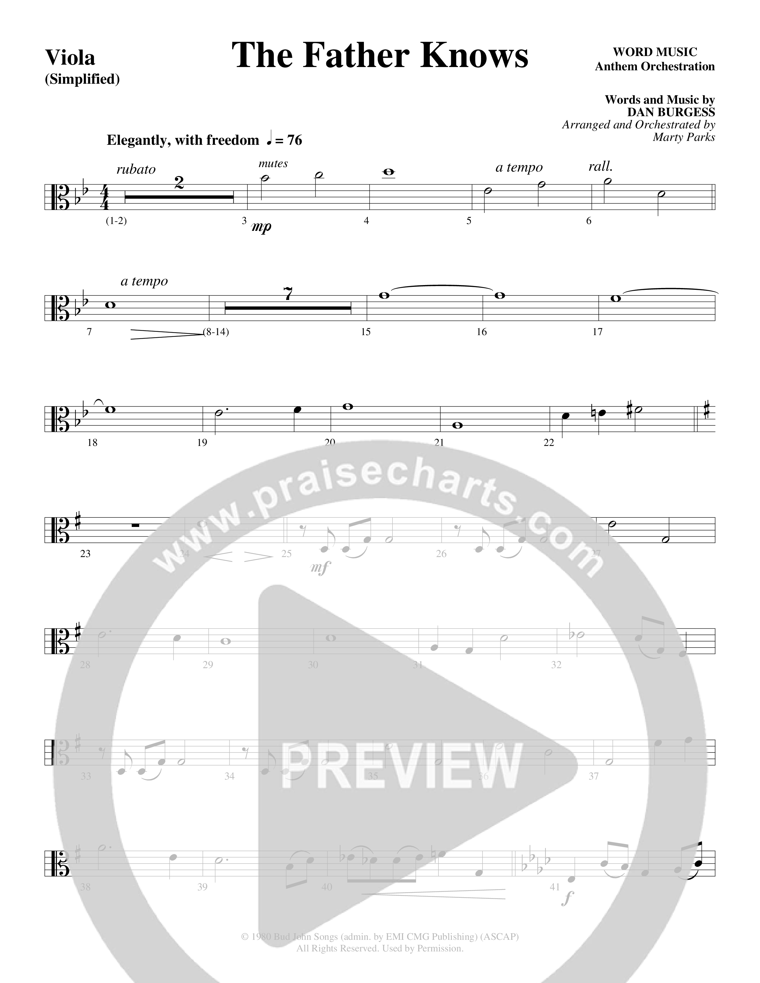The Father Knows (Choral Anthem SATB) Viola (Word Music Choral / Arr. Marty Parks)