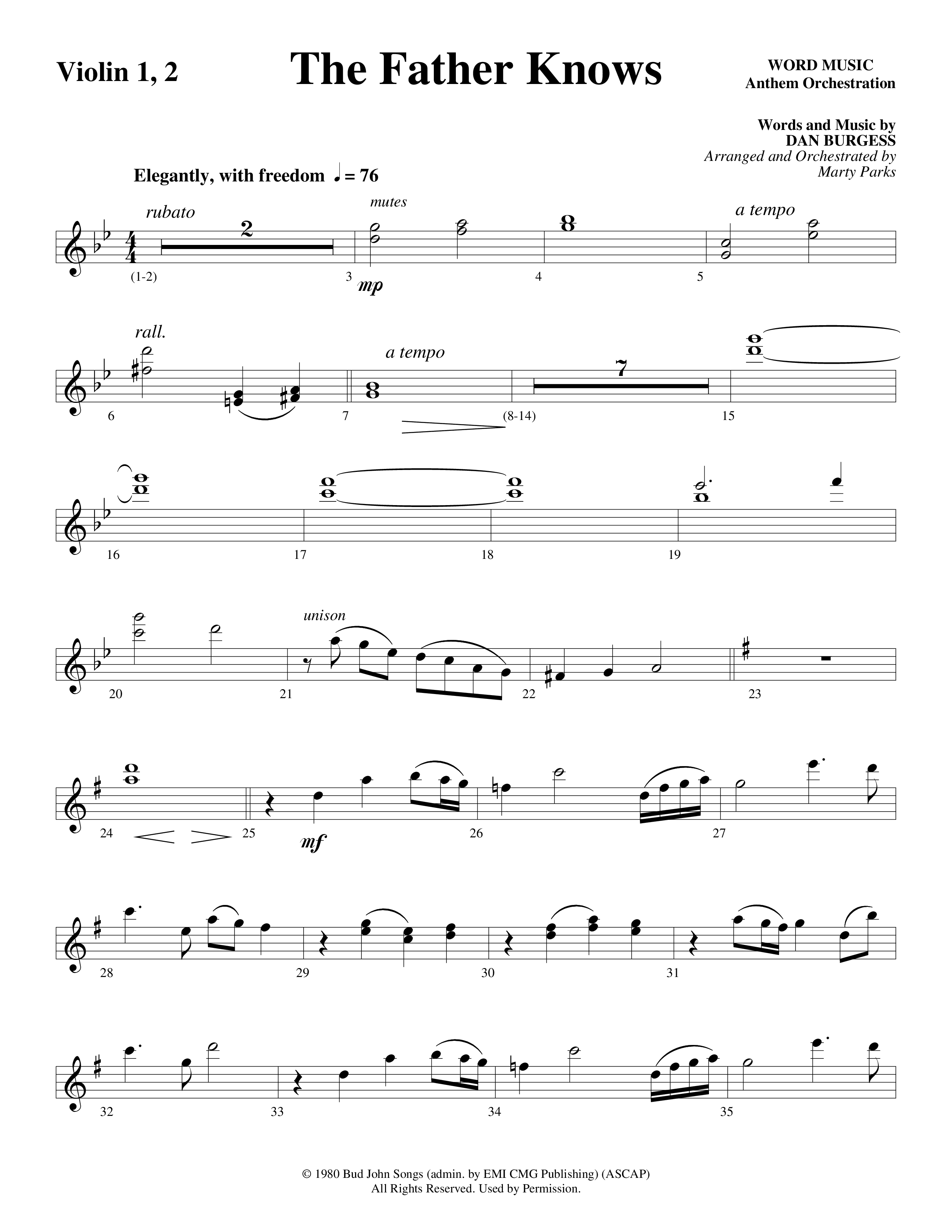 The Father Knows (Choral Anthem SATB) Violin 1/2 (Word Music Choral / Arr. Marty Parks)
