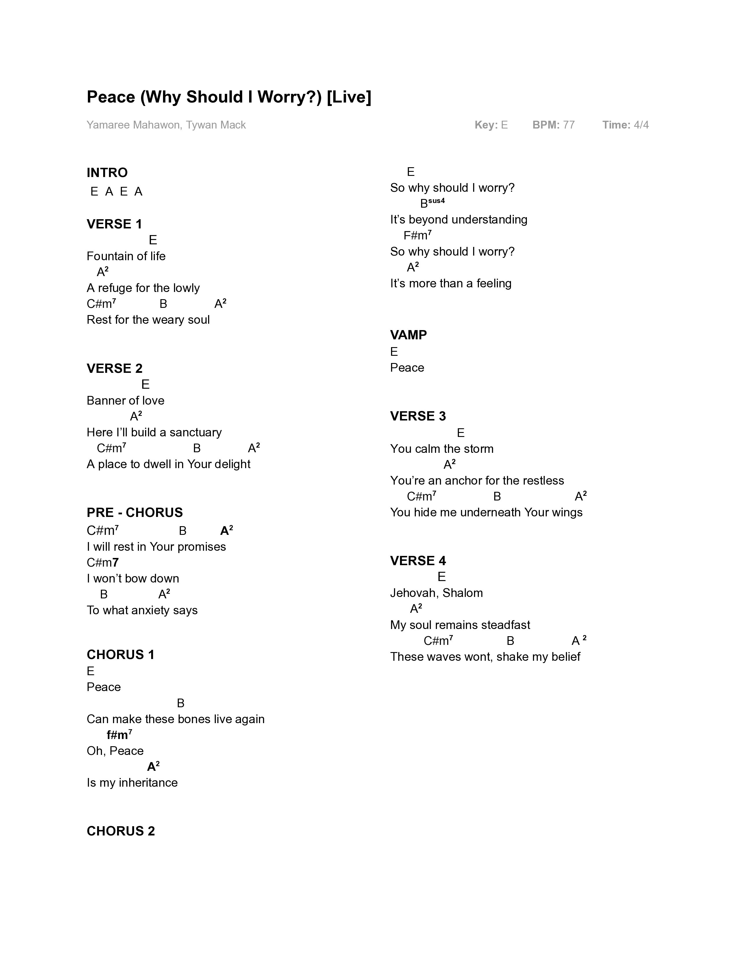 Peace (Why Should I Worry?) Chord Chart (Yamaree)