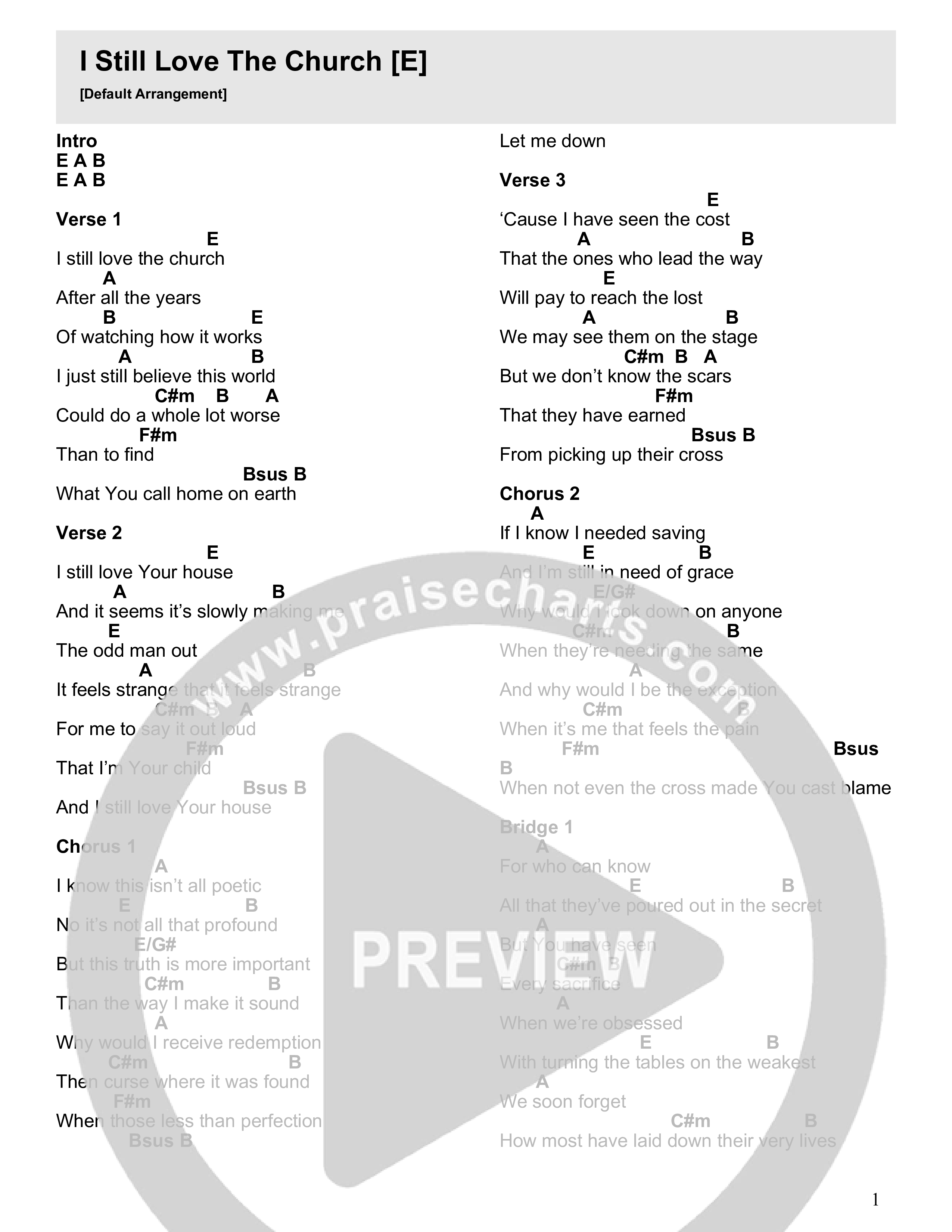 I Still Love The Church Chord Chart (Rivers Crossing Worship)