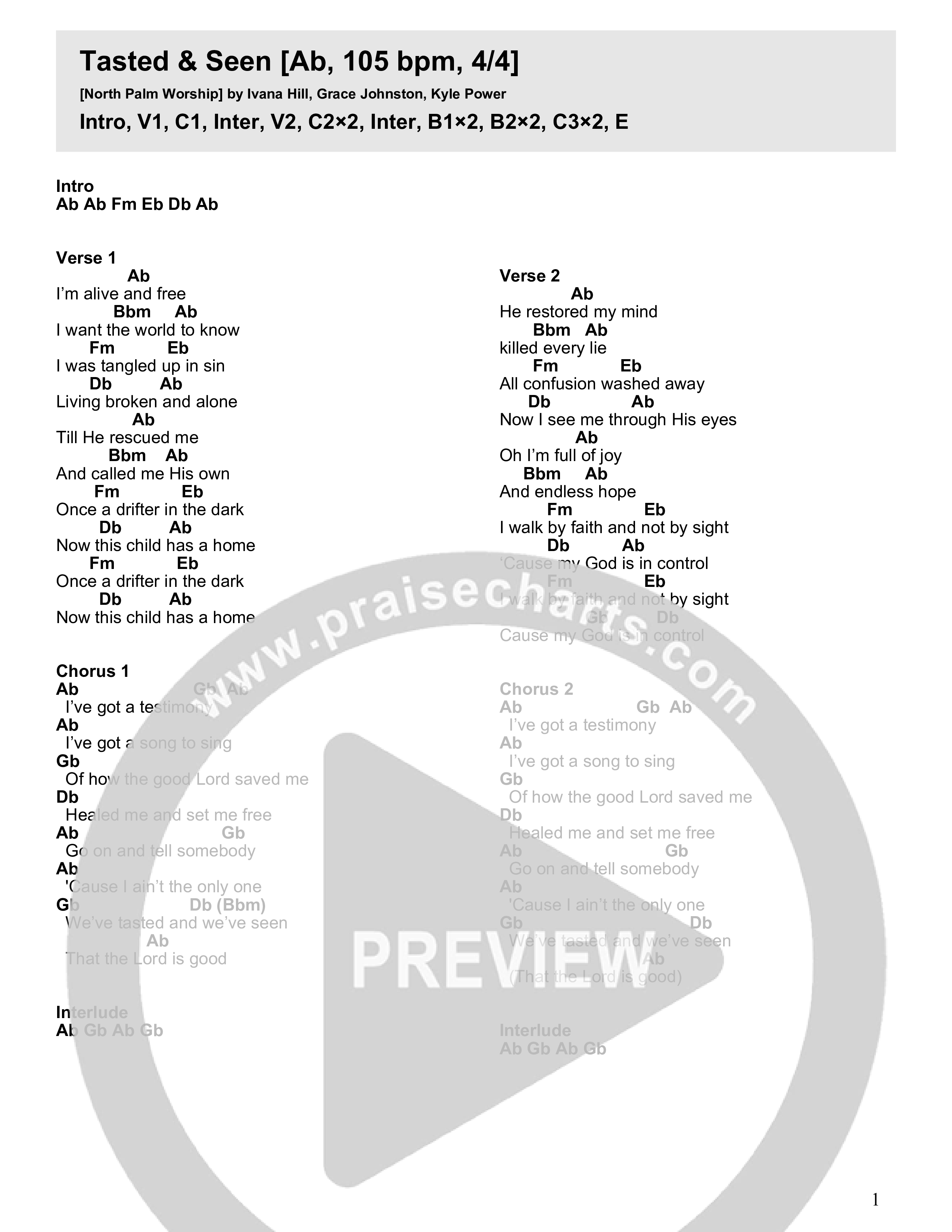 Tasted & Seen Chord Chart (North Palm Worship)