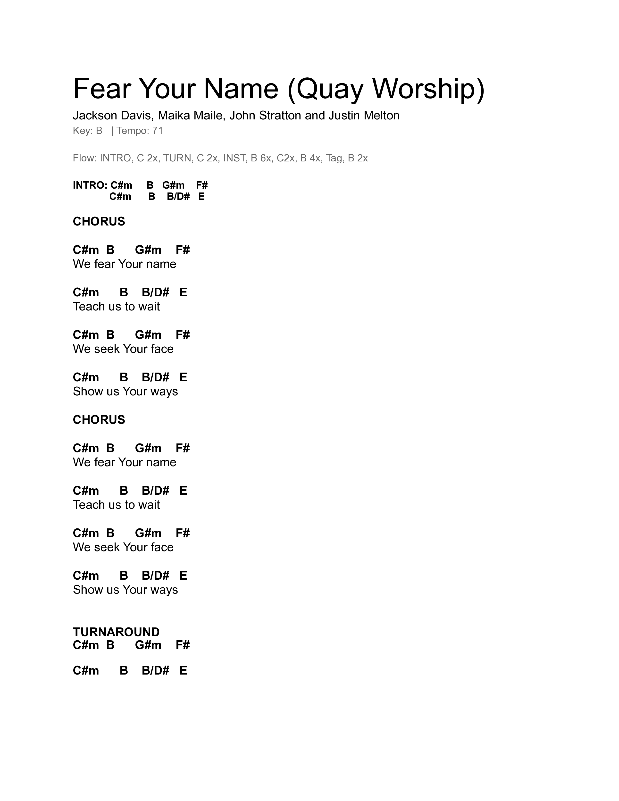 Fear Your Name Chord Chart (Quay Worship)