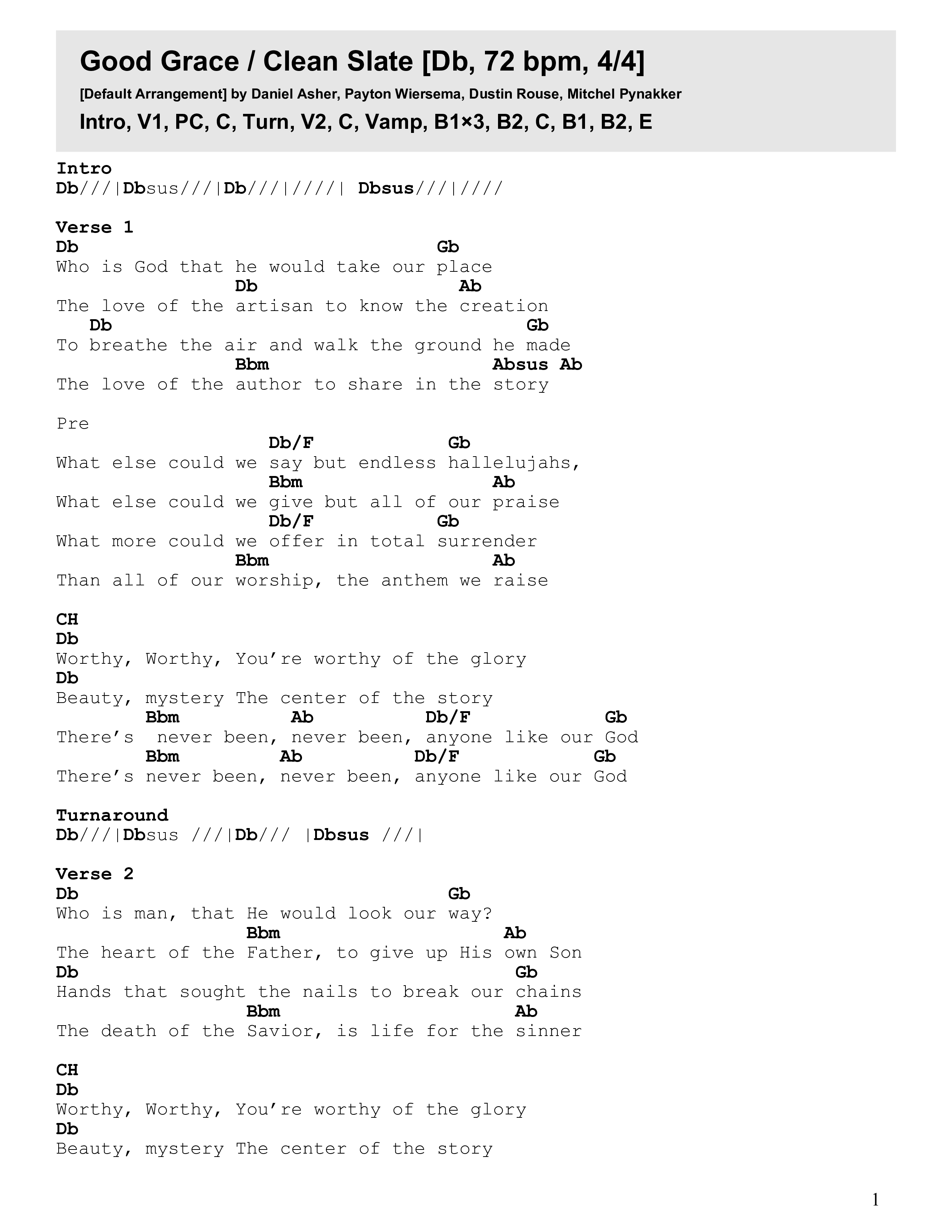 Good Grace / Clean Slate (Live) Chord Chart (Century Worship)