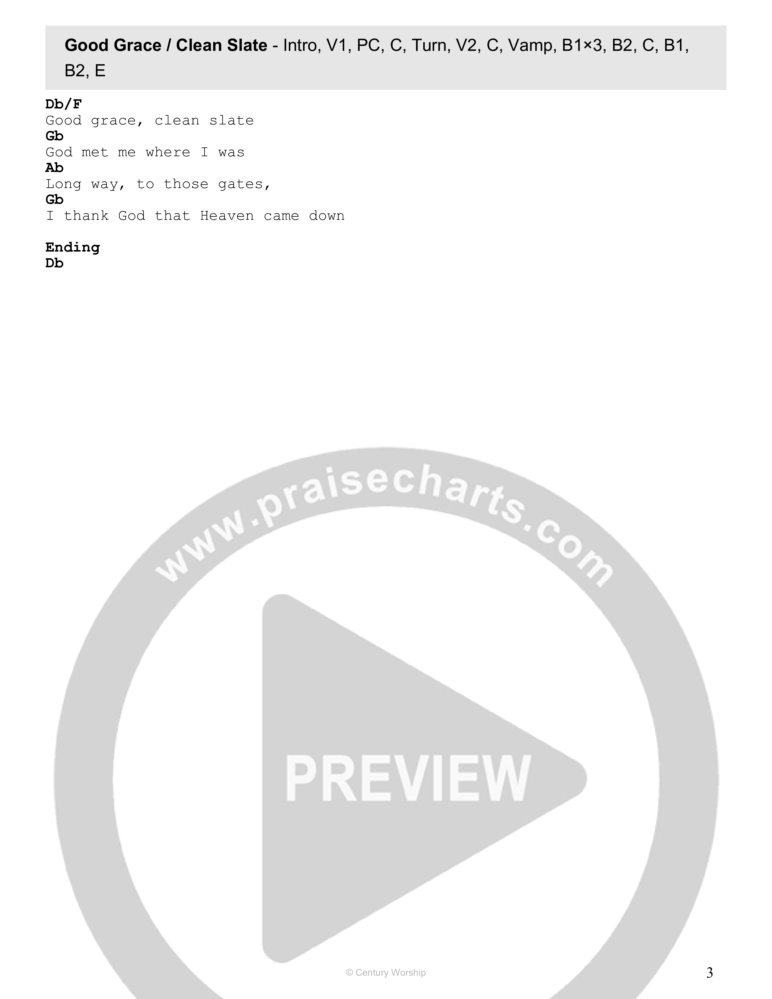 Good Grace / Clean Slate (Live) Chord Chart (Century Worship)