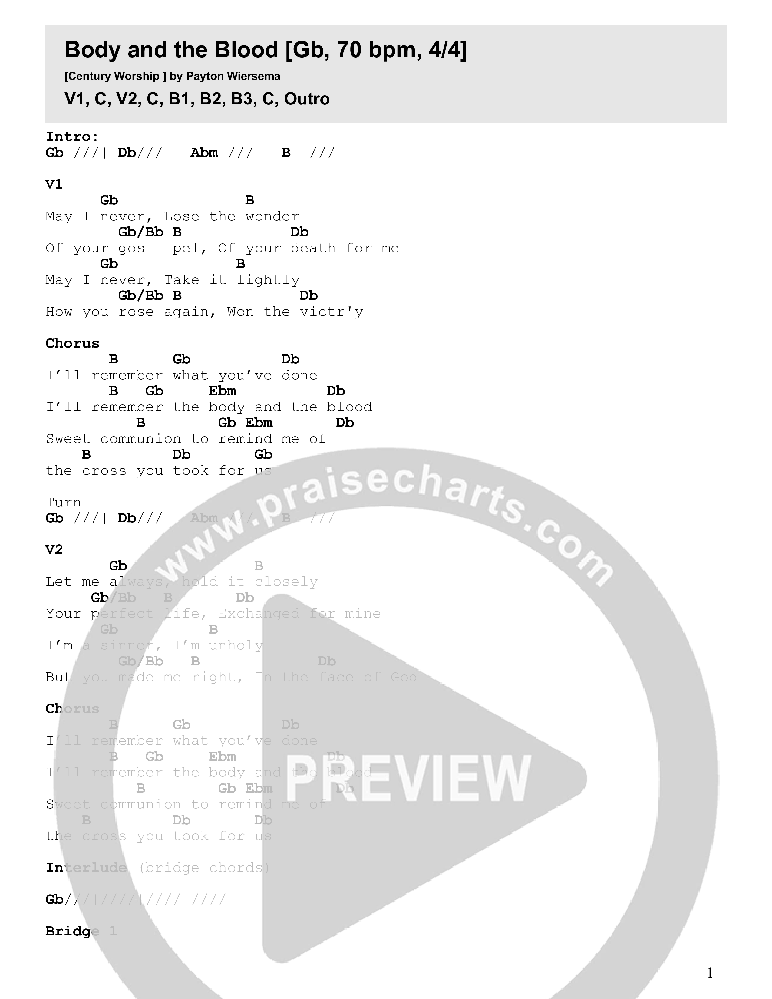 Body And The Blood (Live) Chord Chart (Century Worship)