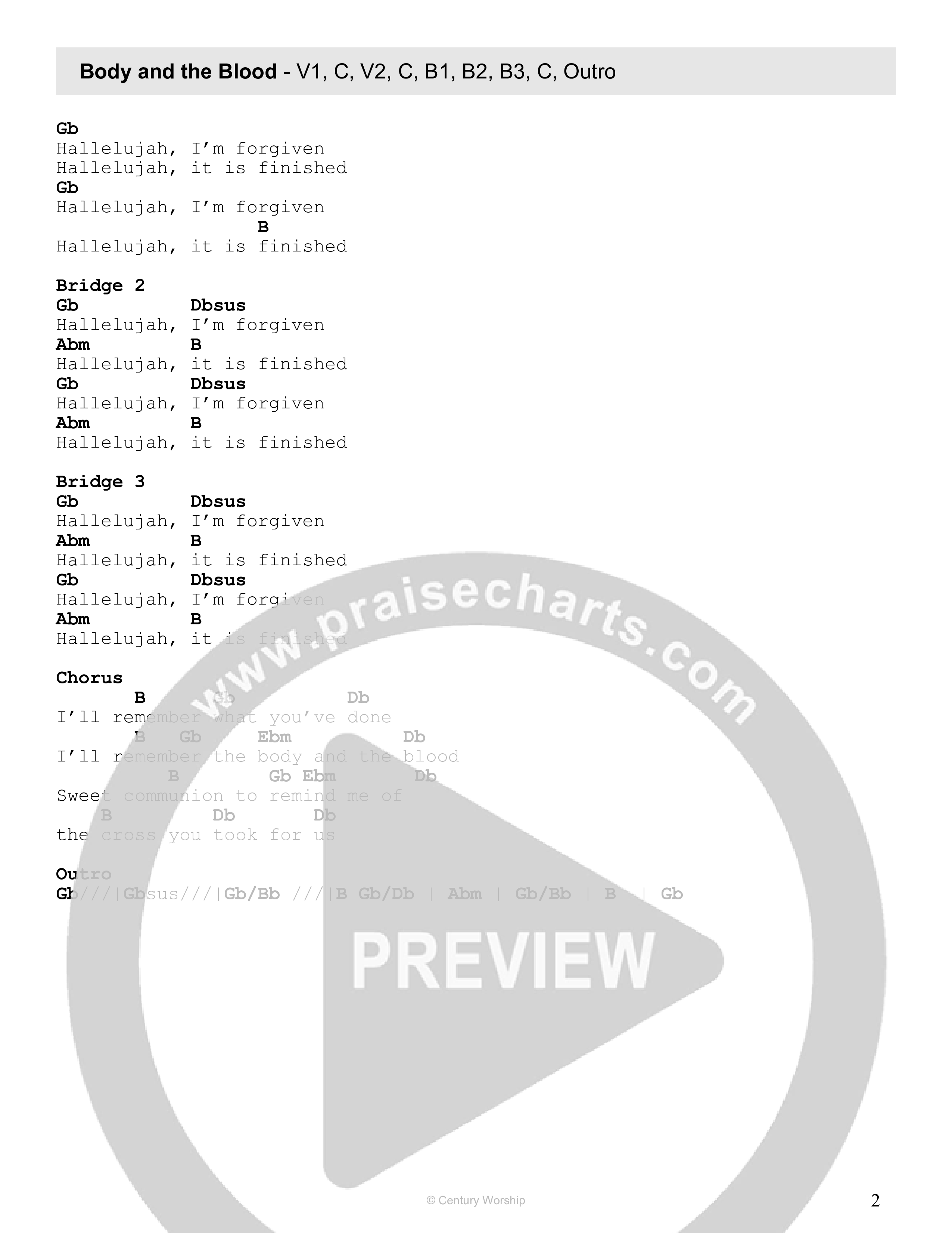 Body And The Blood (Live) Chord Chart (Century Worship)
