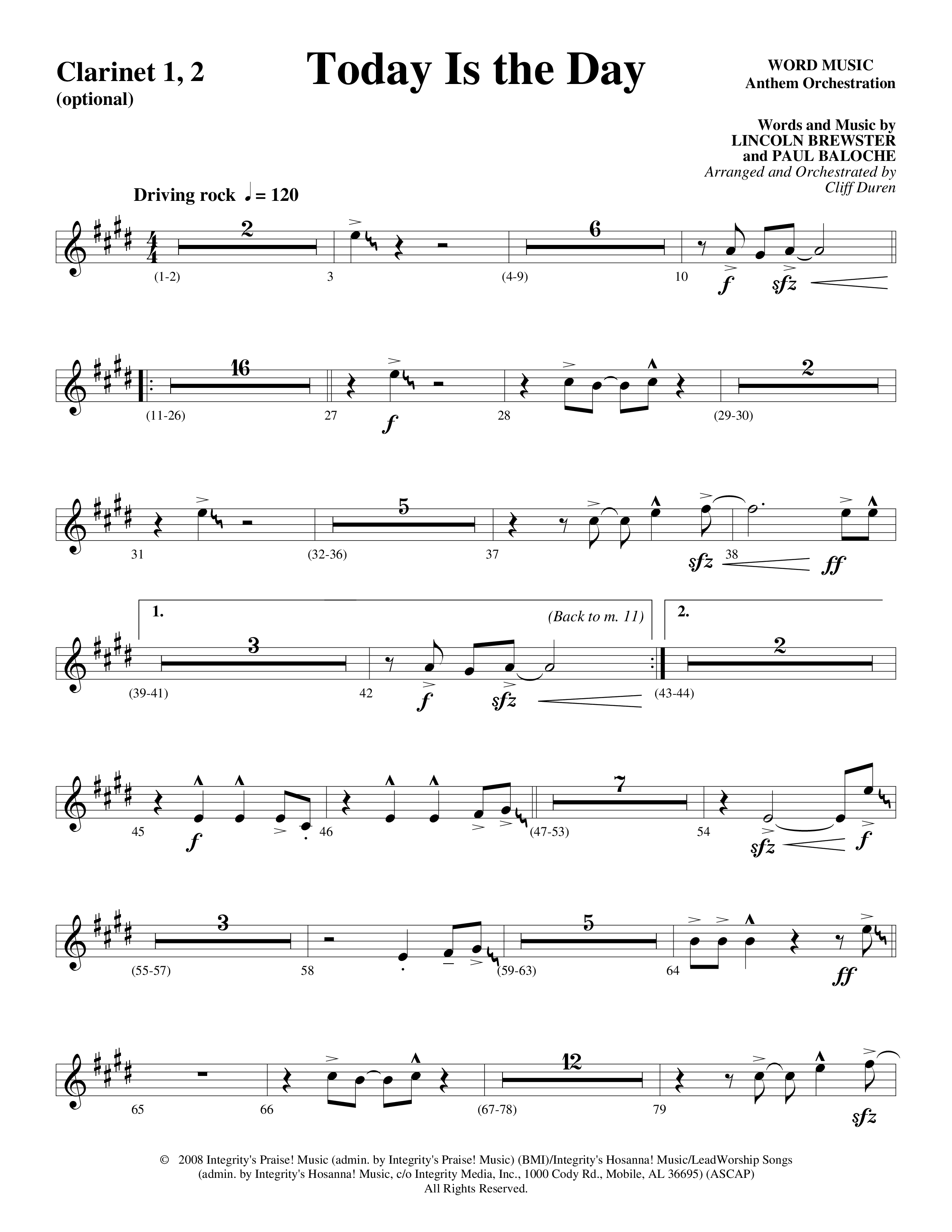 Today Is The Day (Choral Anthem SATB) Clarinet (Word Music Choral / Arr. Cliff Duren)