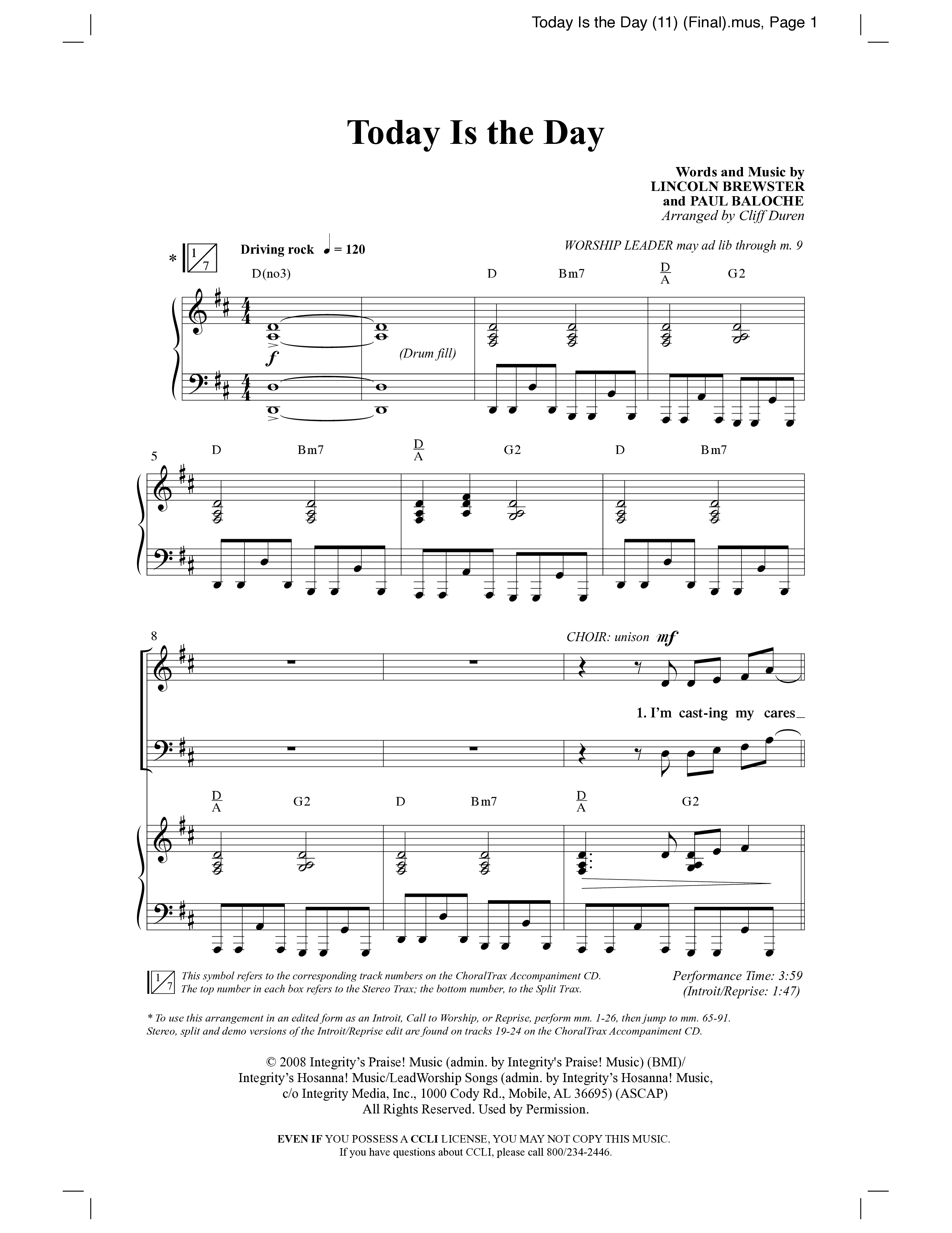 Today Is The Day (Choral Anthem SATB) Anthem (SATB/Piano) (Word Music Choral / Arr. Cliff Duren)