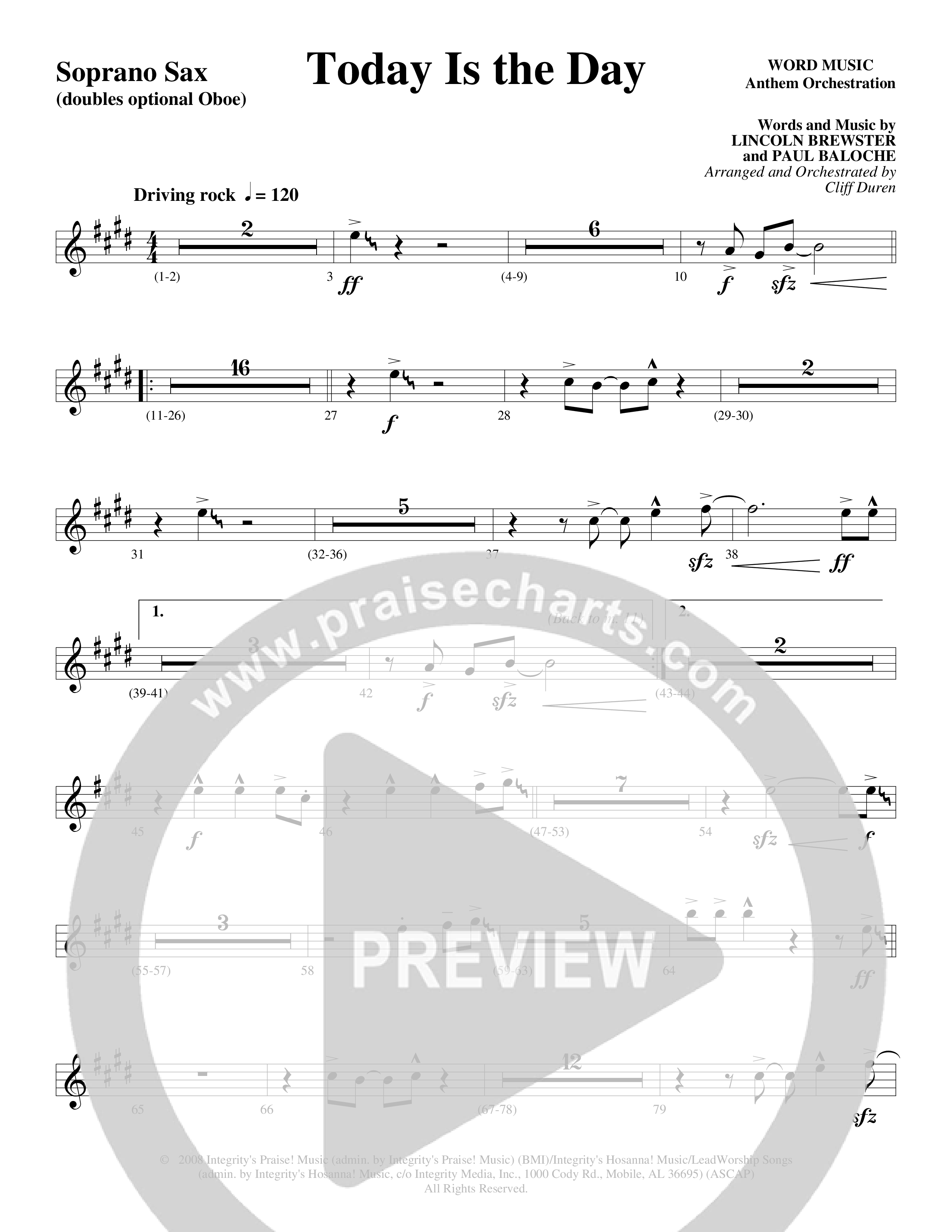 Today Is The Day (Choral Anthem SATB) Soprano Sax (Word Music Choral / Arr. Cliff Duren)