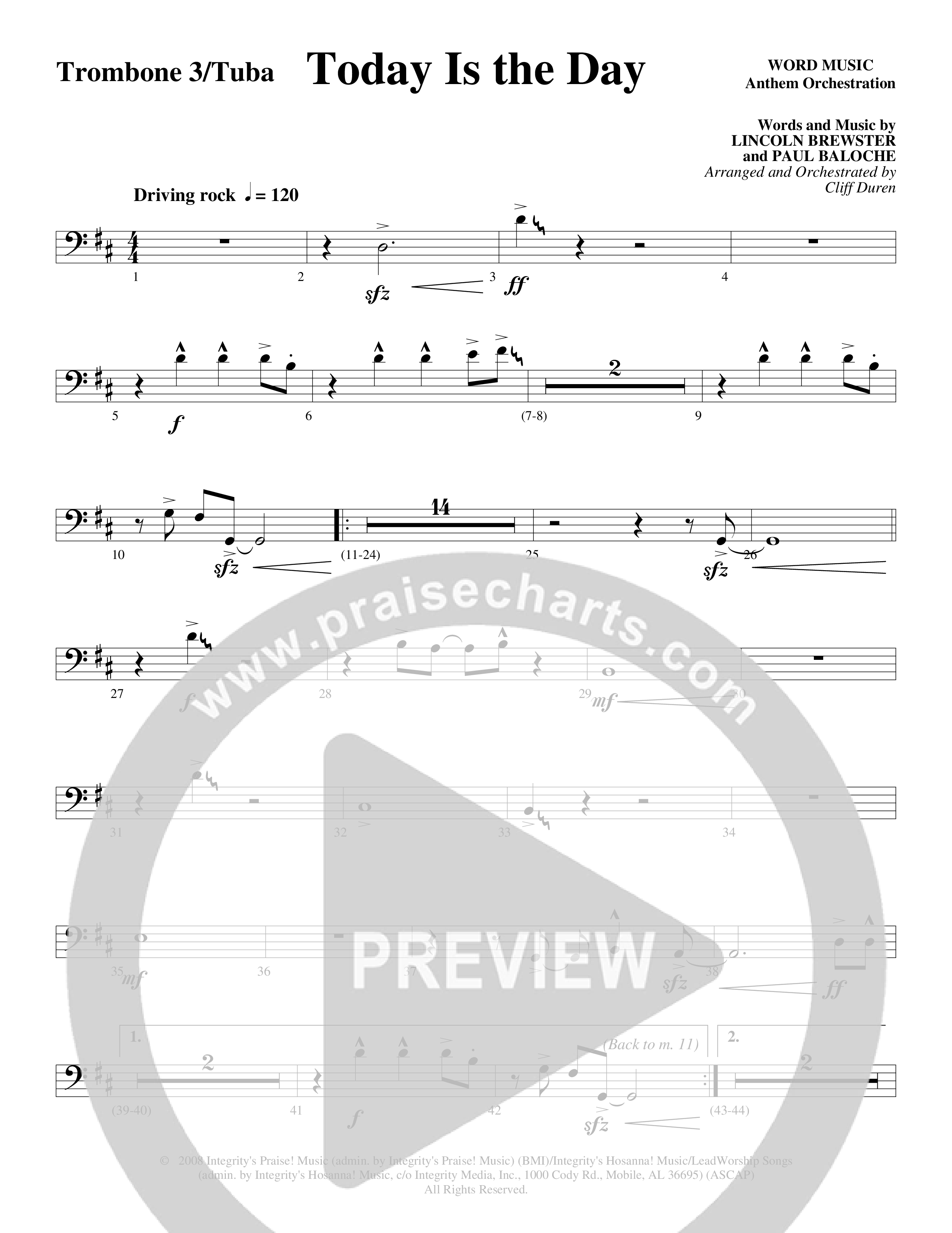 Today Is The Day (Choral Anthem SATB) Trombone 3/Tuba (Word Music Choral / Arr. Cliff Duren)