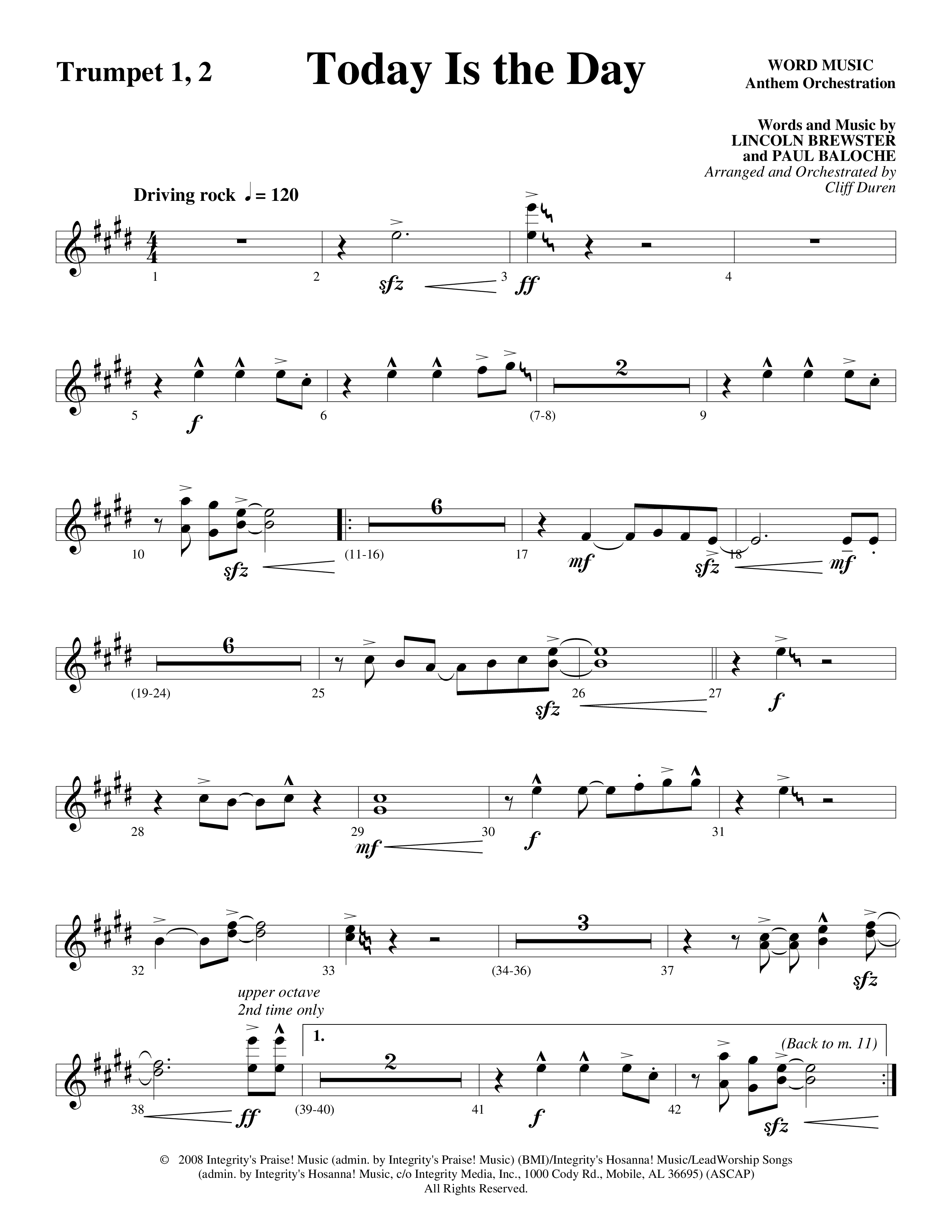 Today Is The Day (Choral Anthem SATB) Trumpet (Word Music Choral / Arr. Cliff Duren)