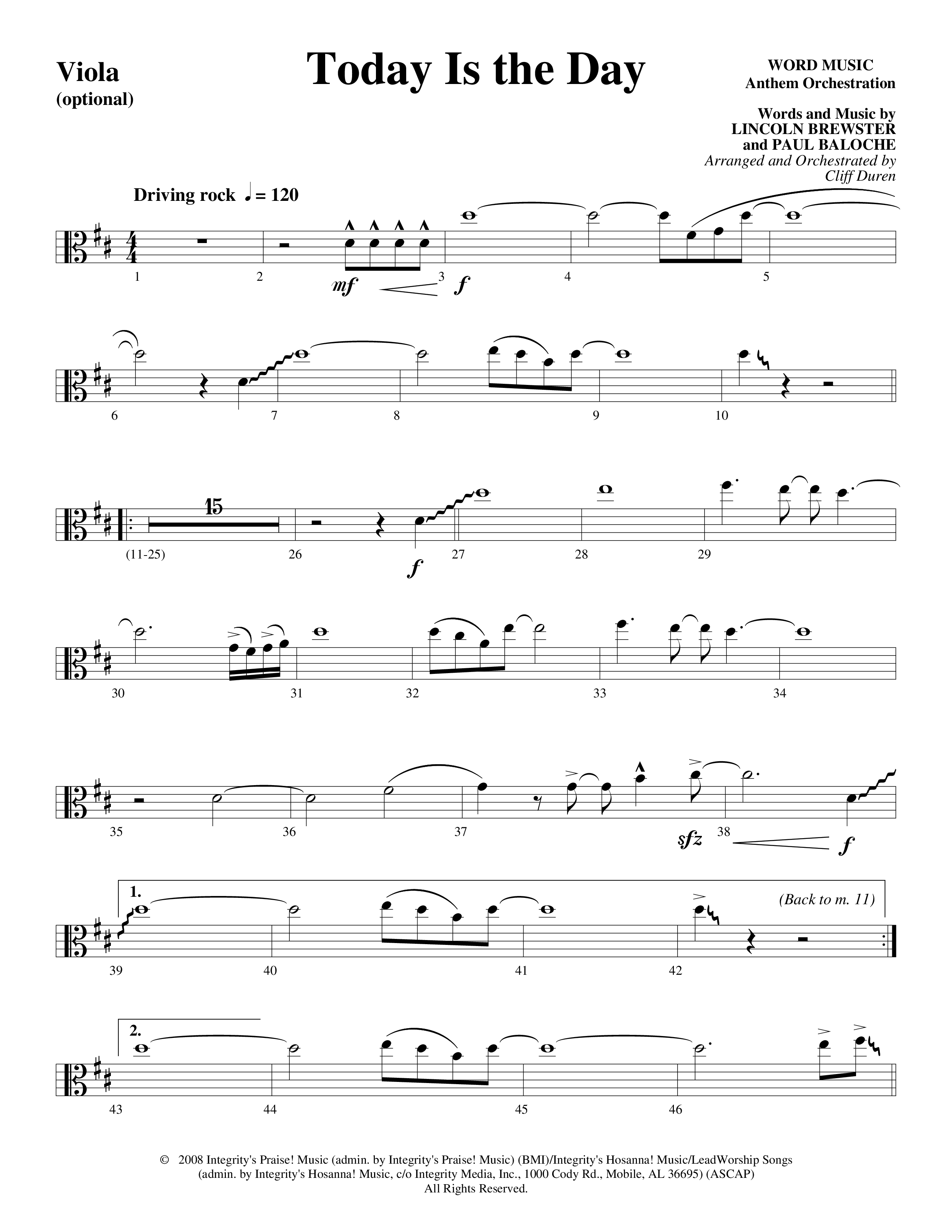 Today Is The Day (Choral Anthem SATB) Viola (Word Music Choral / Arr. Cliff Duren)