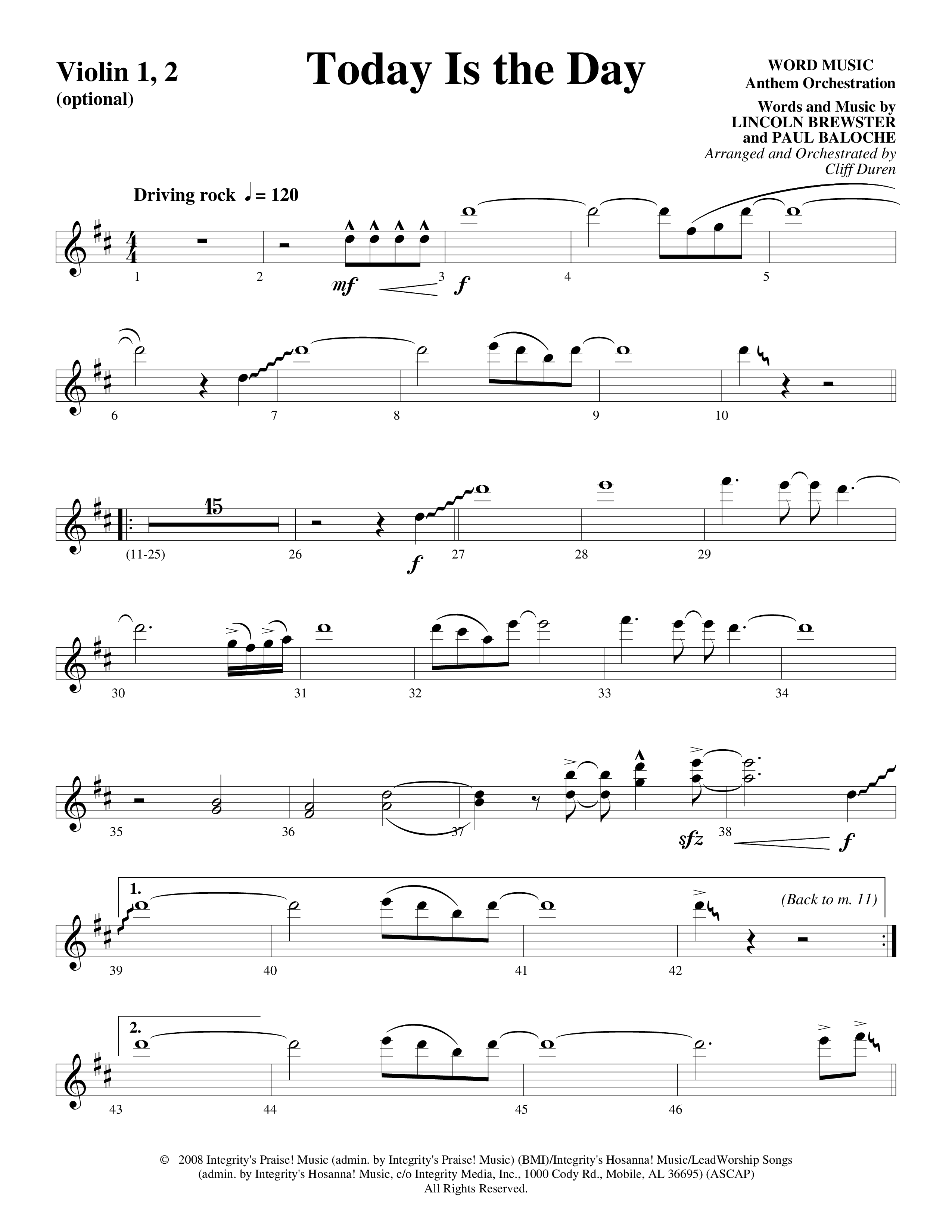 Today Is The Day (Choral Anthem SATB) Violin 1/2 (Word Music Choral / Arr. Cliff Duren)