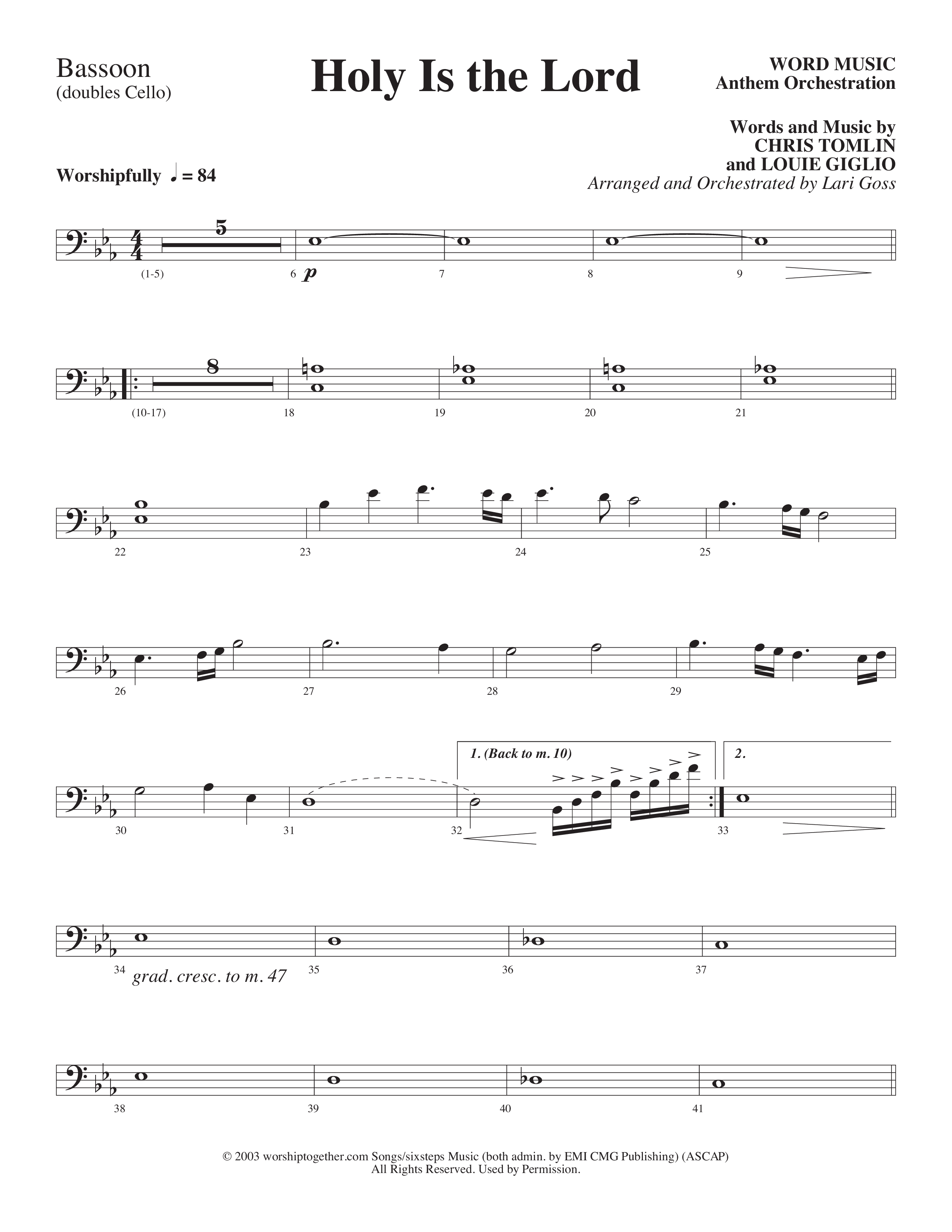 Holy Is The Lord (Choral Anthem SATB) Bassoon (Word Music Choral / Arr. Lari Goss)