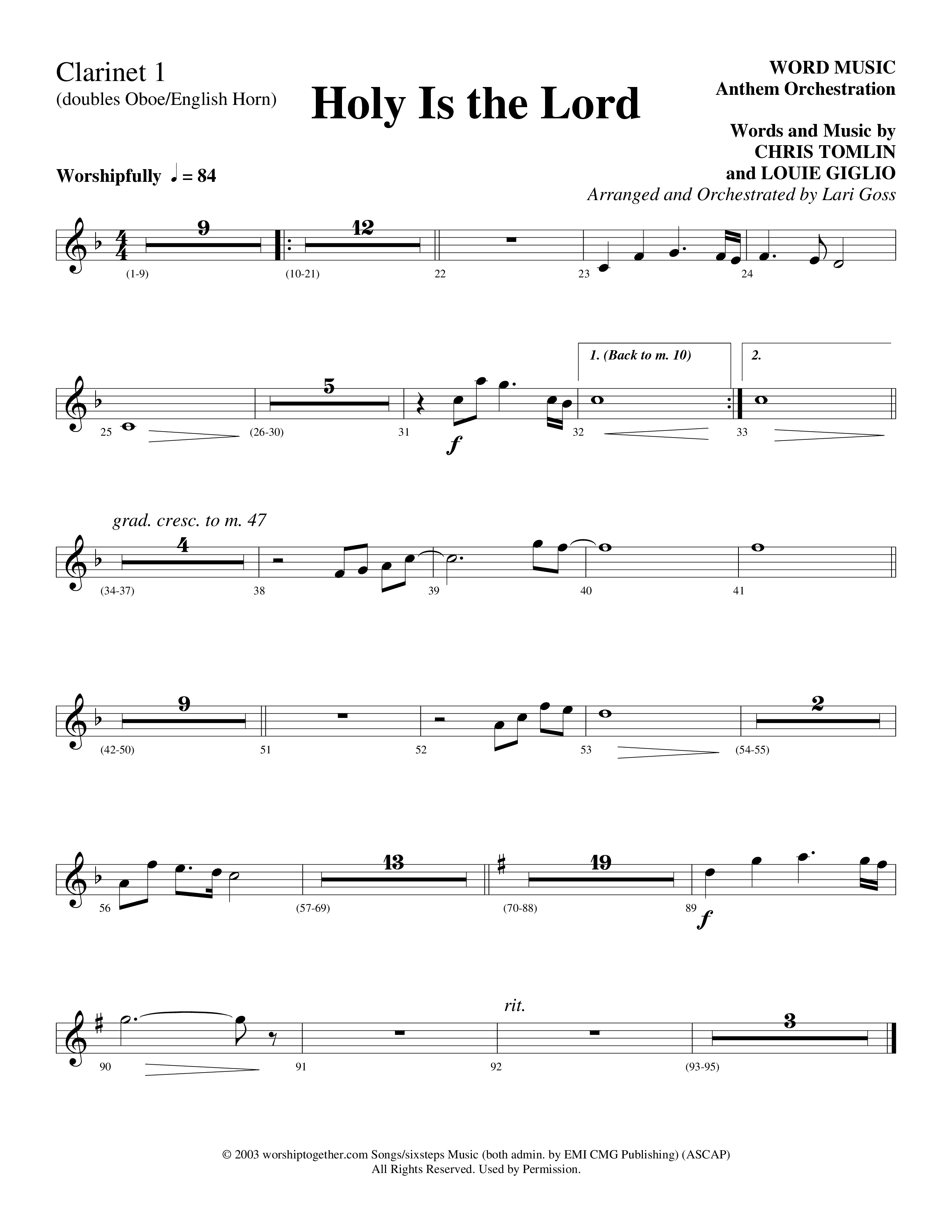 Holy Is The Lord (Choral Anthem SATB) Clarinet (Word Music Choral / Arr. Lari Goss)