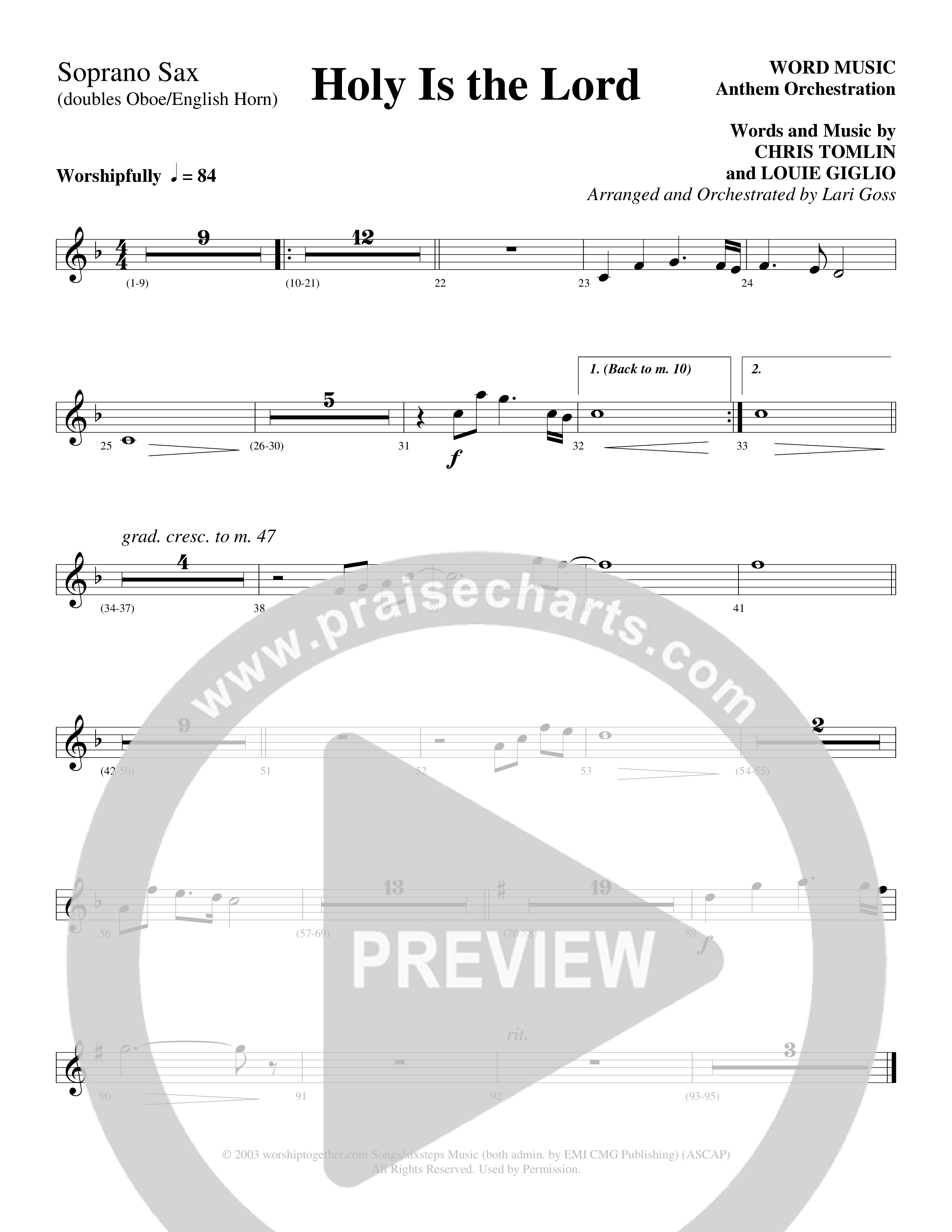 Holy Is The Lord (Choral Anthem SATB) Soprano Sax (Word Music Choral / Arr. Lari Goss)