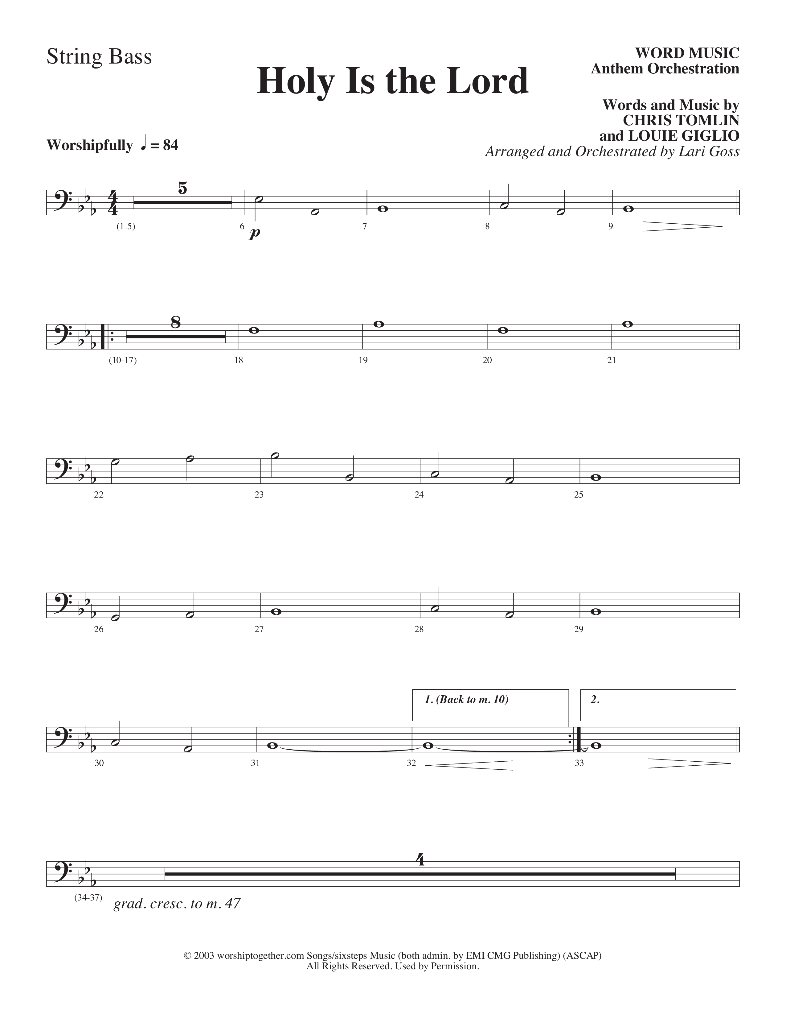 Holy Is The Lord (Choral Anthem SATB) String Bass (Word Music Choral / Arr. Lari Goss)