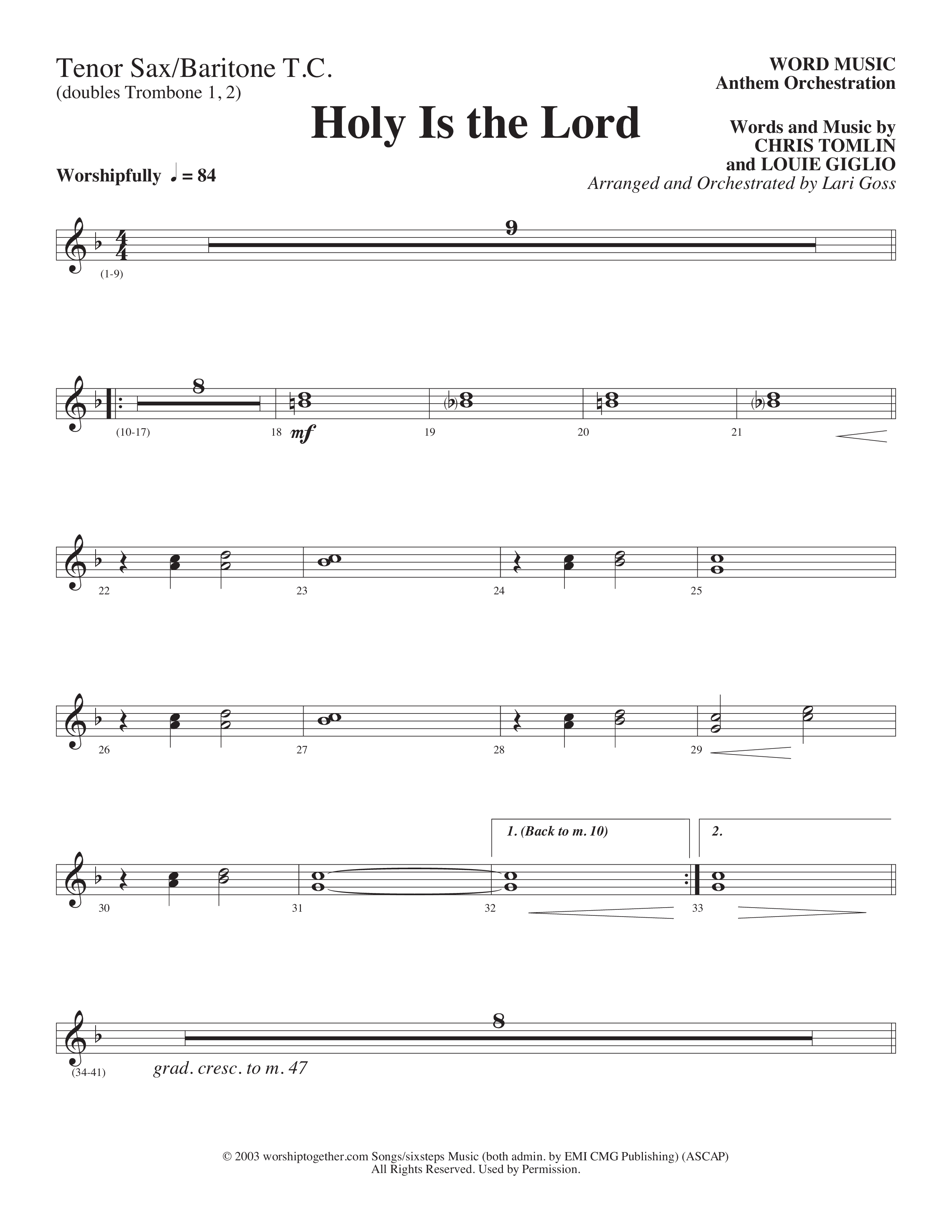Holy Is The Lord (Choral Anthem SATB) Tenor Sax/Baritone T.C. (Word Music Choral / Arr. Lari Goss)