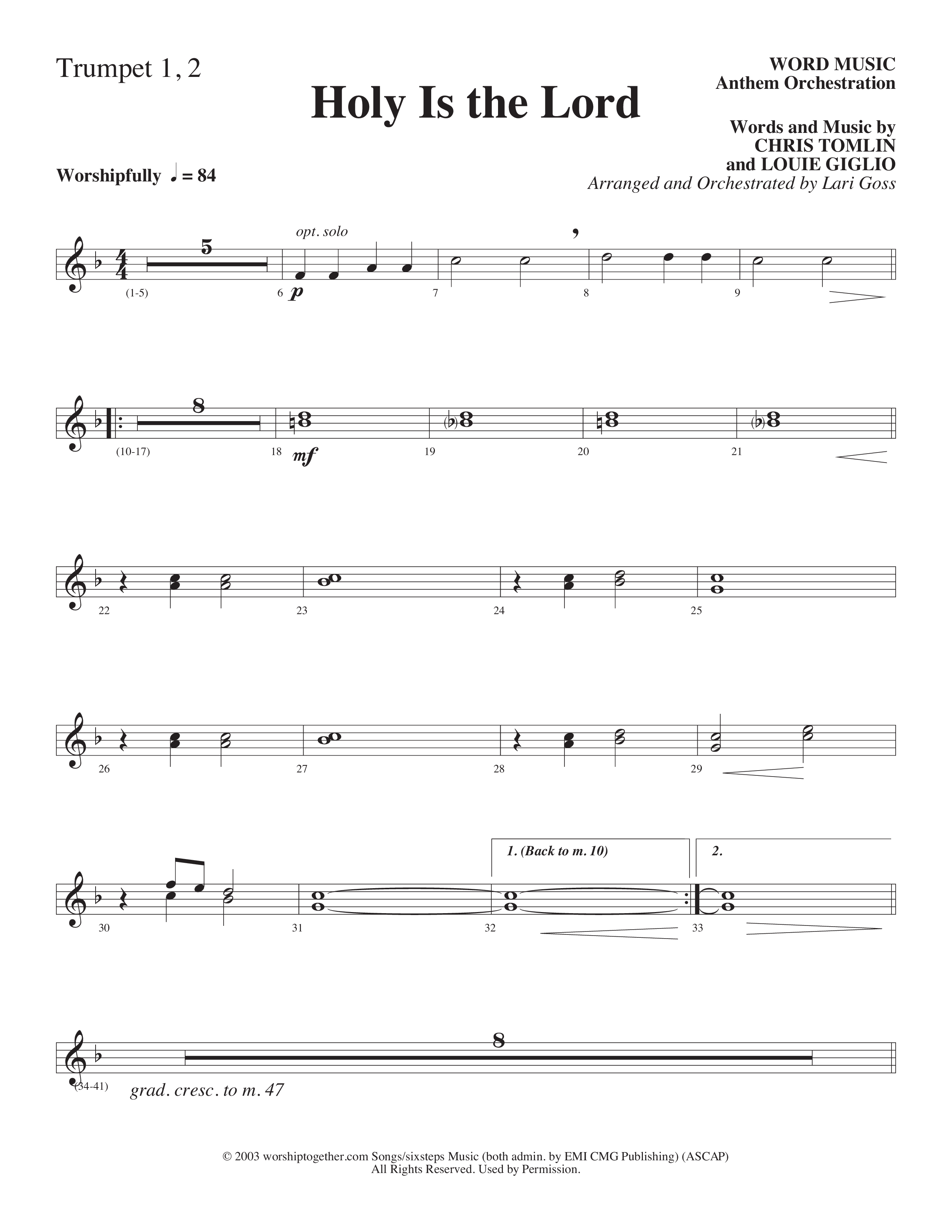 Holy Is The Lord (Choral Anthem SATB) Trumpet 1,2 (Word Music Choral / Arr. Lari Goss)