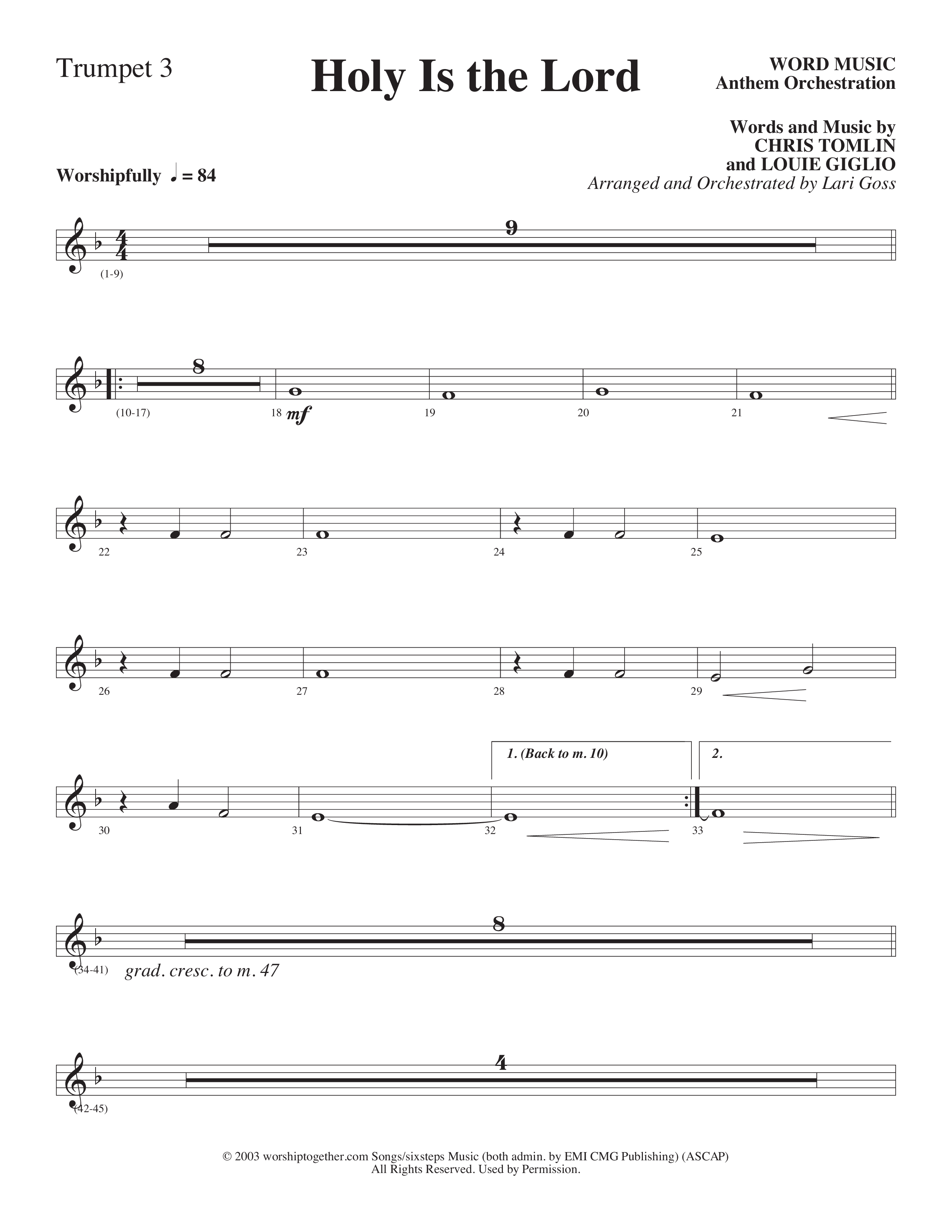 Holy Is The Lord (Choral Anthem SATB) Trumpet 3 (Word Music Choral / Arr. Lari Goss)