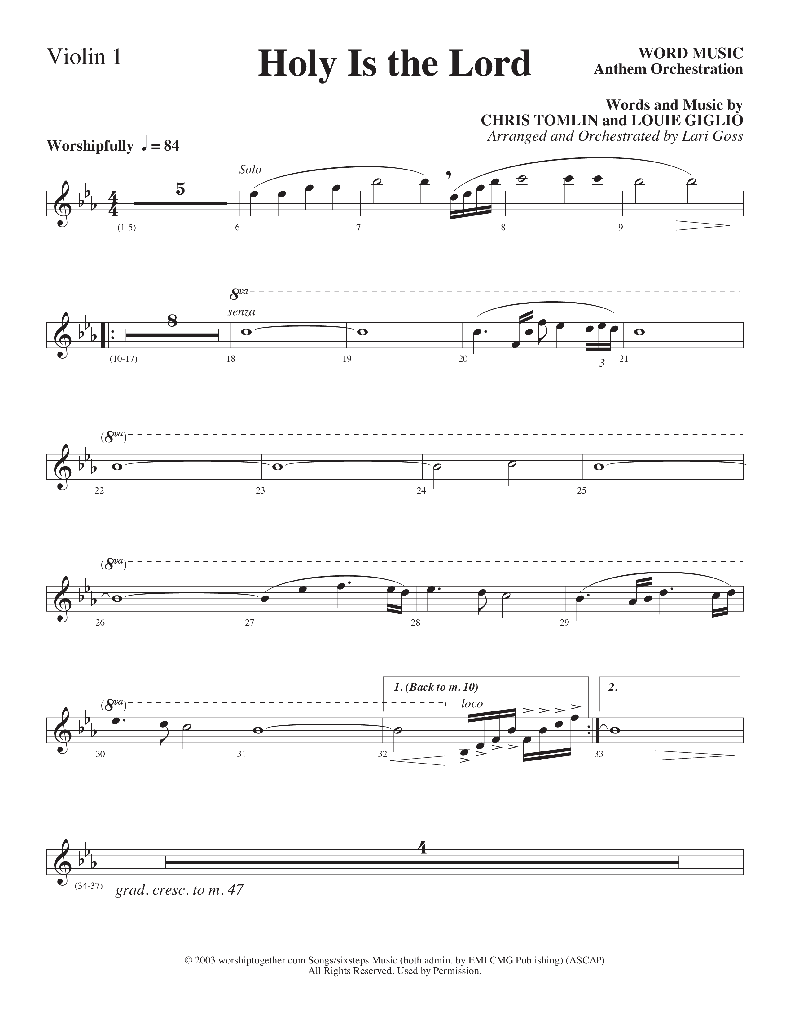 Holy Is The Lord (Choral Anthem SATB) Violin 1/2 (Word Music Choral / Arr. Lari Goss)
