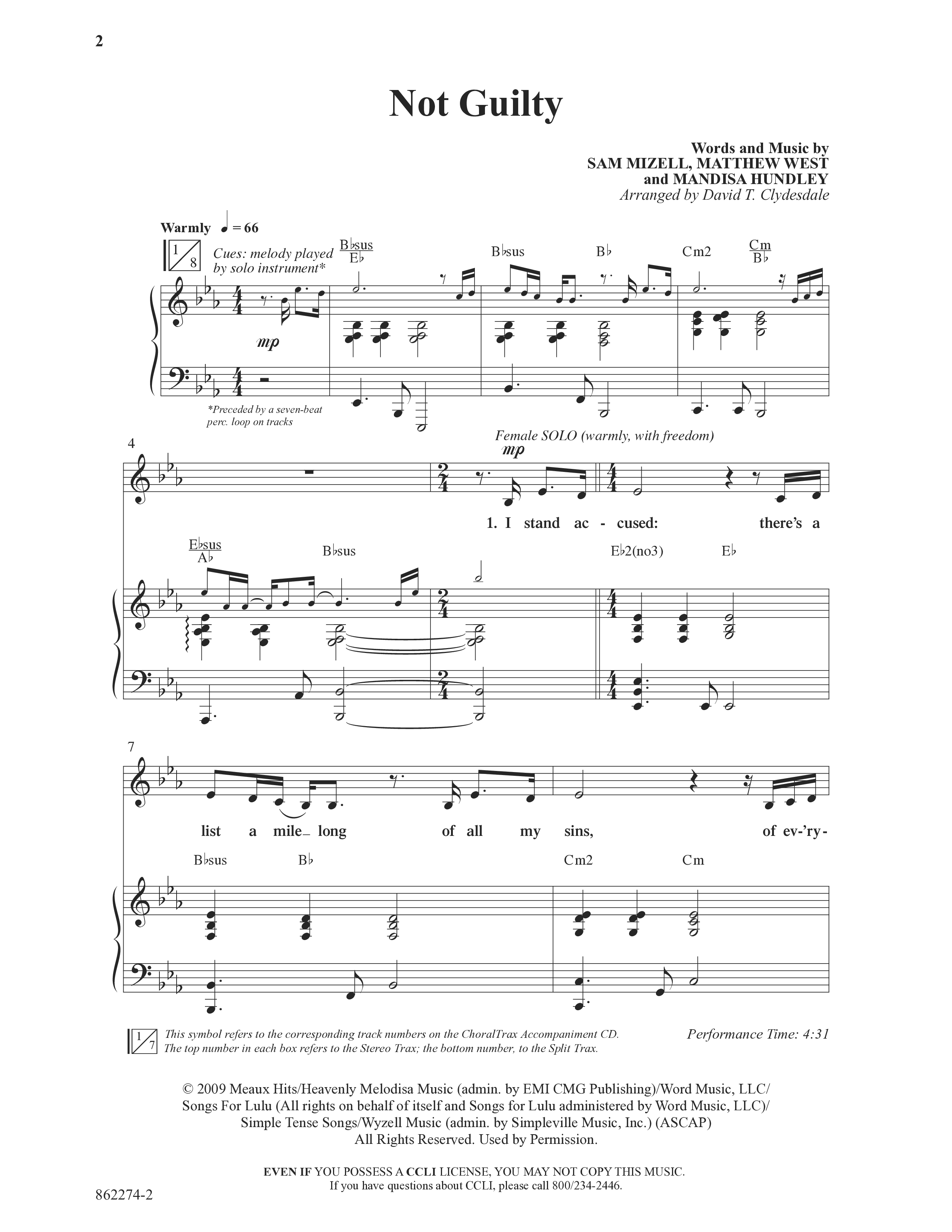 Not Guilty (Choral Anthem SATB) Anthem (SATB/Piano) (Word Music Choral / Arr. David T. Clydesdale)