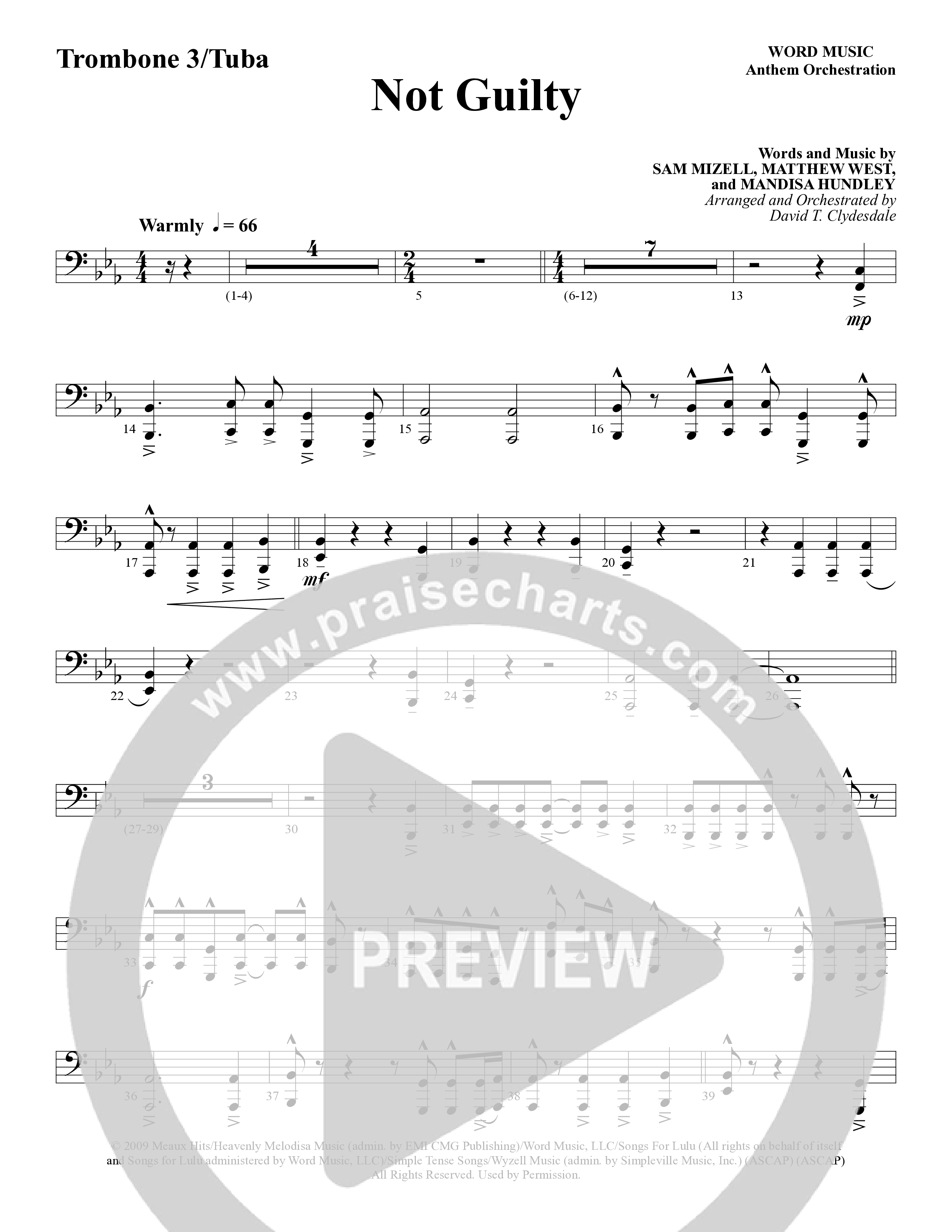 Not Guilty (Choral Anthem SATB) Trombone 3/Tuba (Word Music Choral / Arr. David T. Clydesdale)