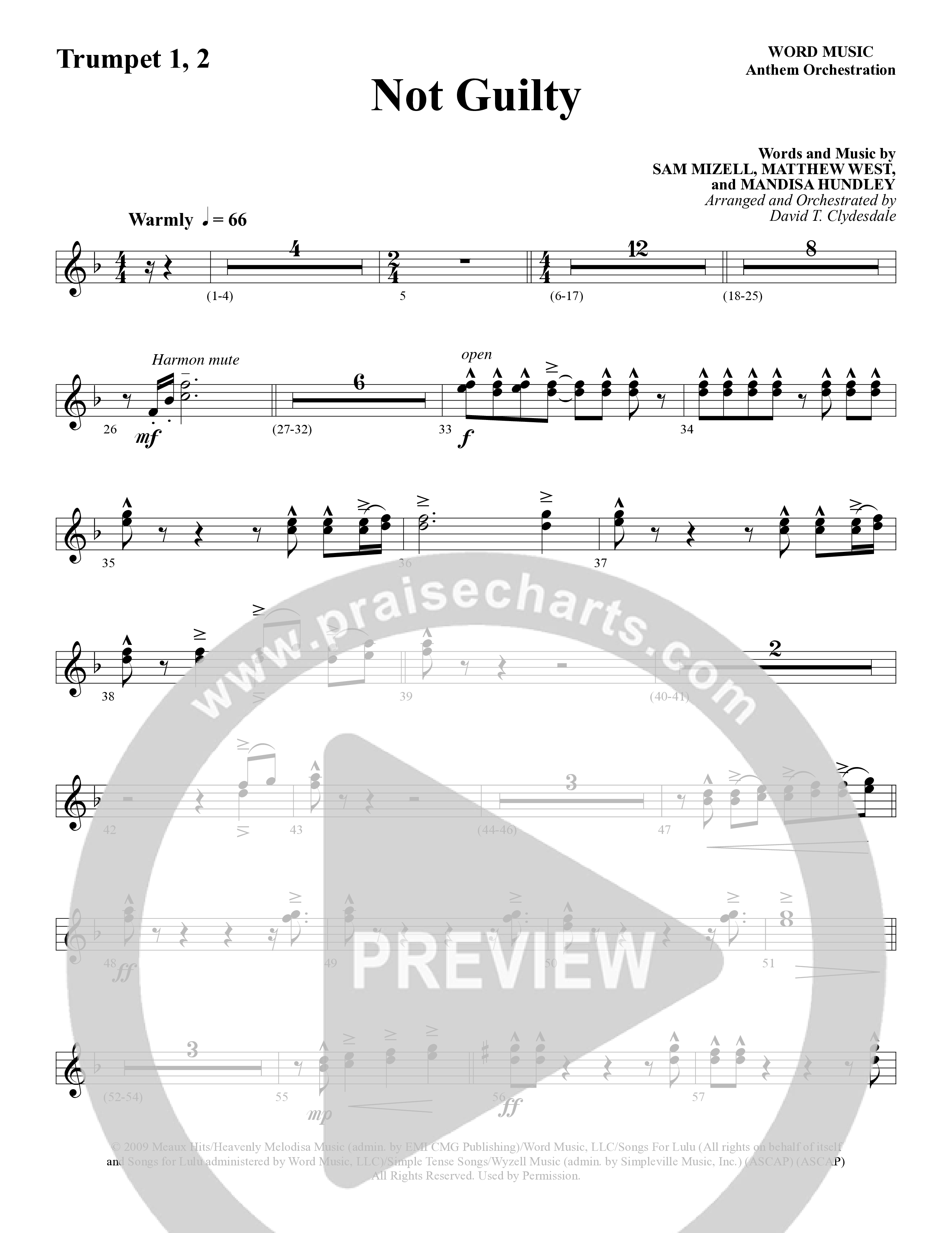 Not Guilty (Choral Anthem SATB) Trumpet 1,2 (Word Music Choral / Arr. David T. Clydesdale)