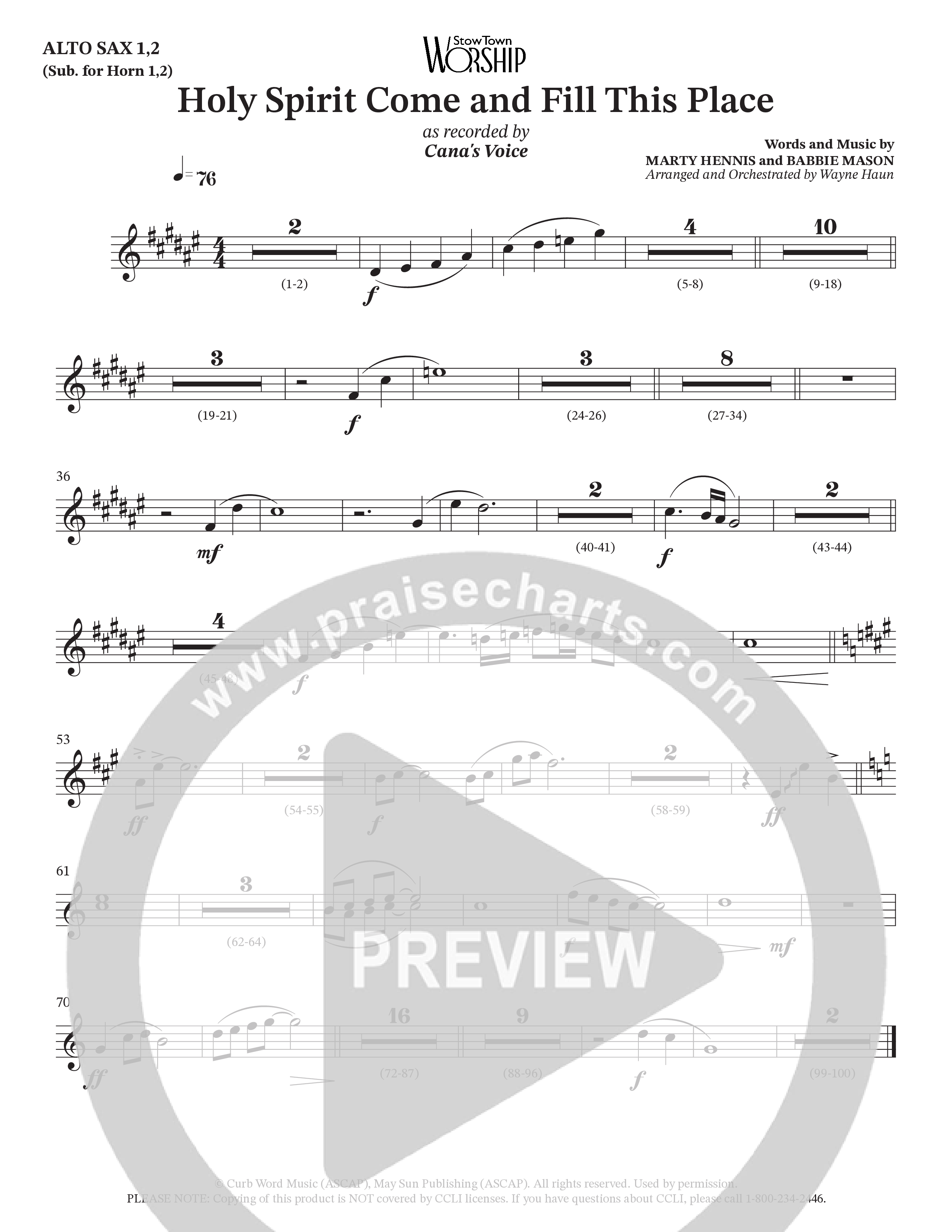 Holy Spirit Come And Fill This Place (Choral Anthem SATB) Alto Sax 1/2 (Cana's Voice / Arr. Wayne Haun)