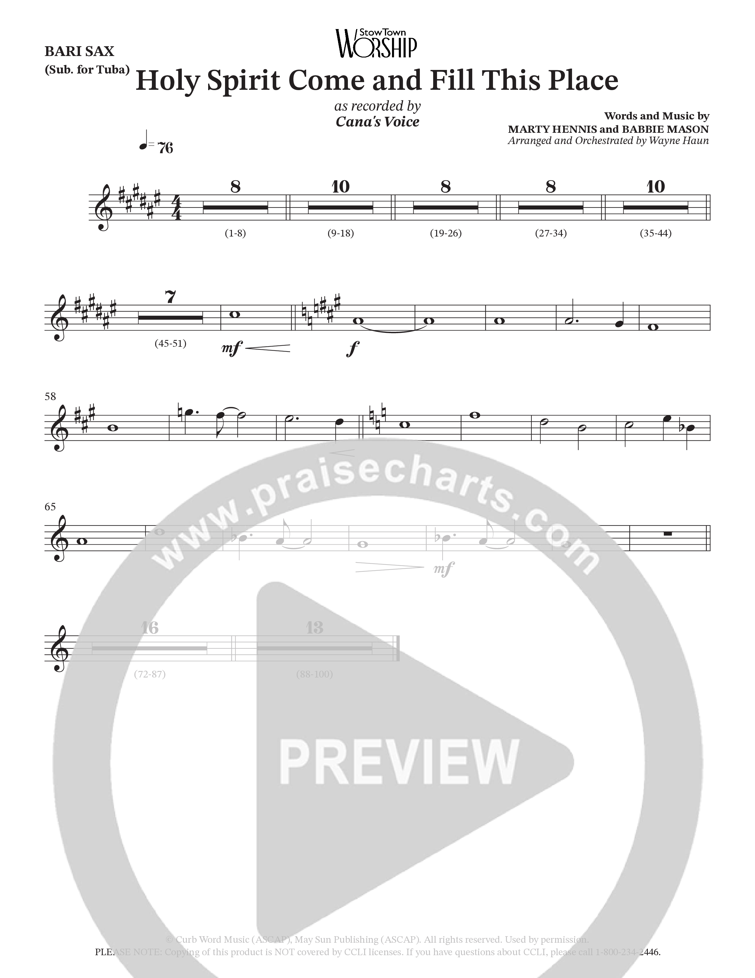 Holy Spirit Come And Fill This Place (Choral Anthem SATB) Bari Sax (Cana's Voice / Arr. Wayne Haun)