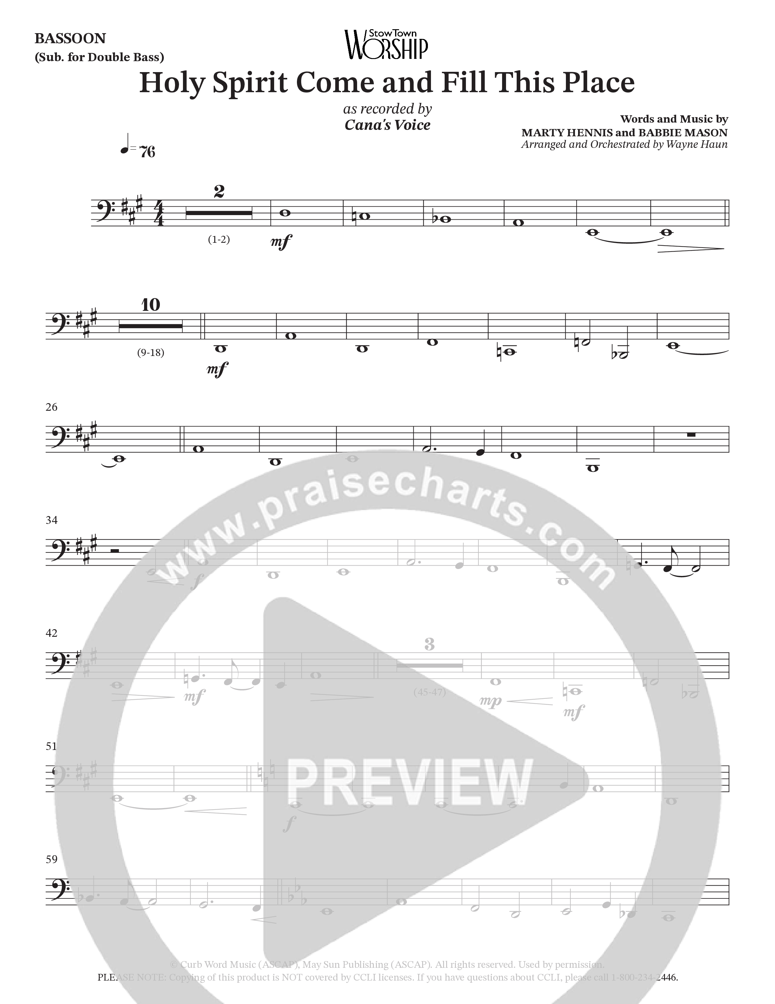 Holy Spirit Come And Fill This Place (Choral Anthem SATB) Bassoon (Cana's Voice / Arr. Wayne Haun)