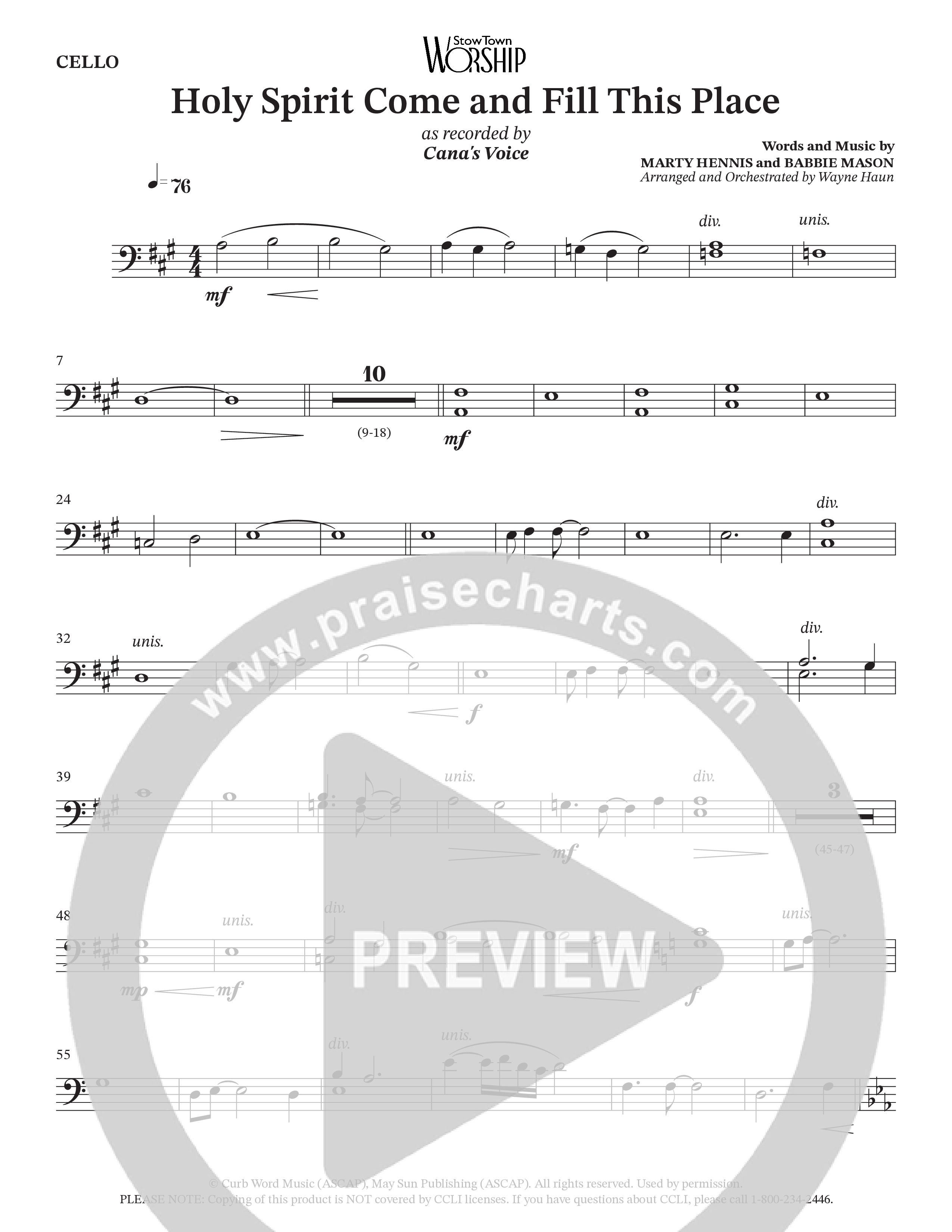 Holy Spirit Come And Fill This Place (Choral Anthem SATB) Cello (Cana's Voice / Arr. Wayne Haun)