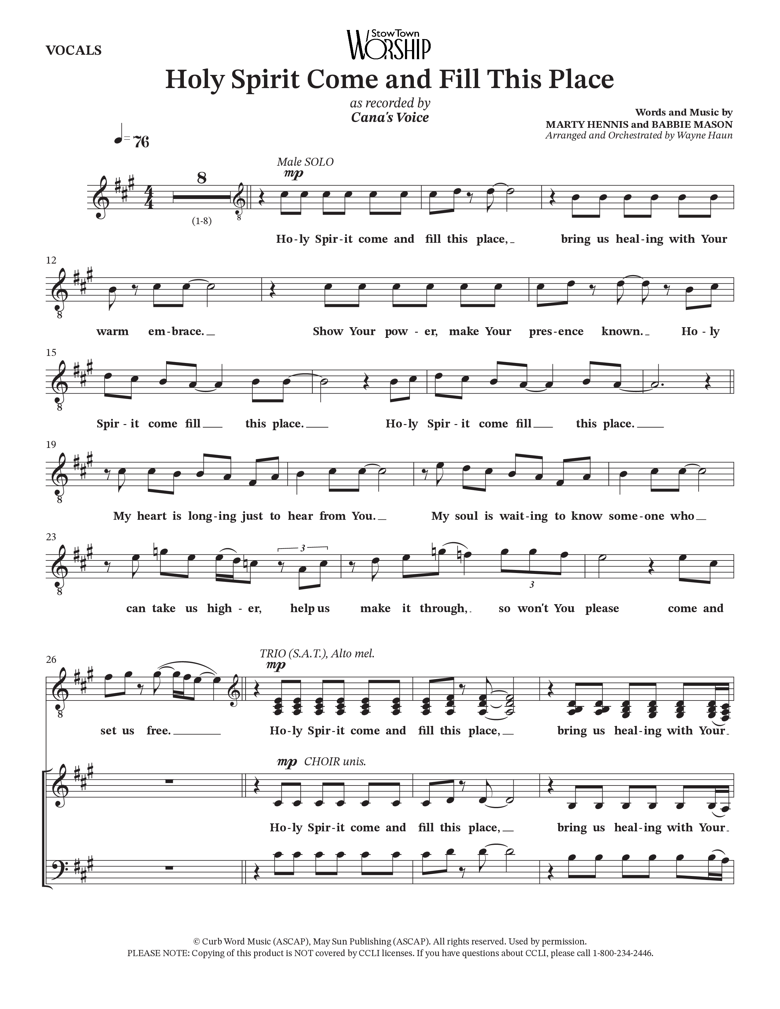Holy Spirit Come And Fill This Place (Choral Anthem SATB) Choir Sheet (Cana's Voice / Arr. Wayne Haun)
