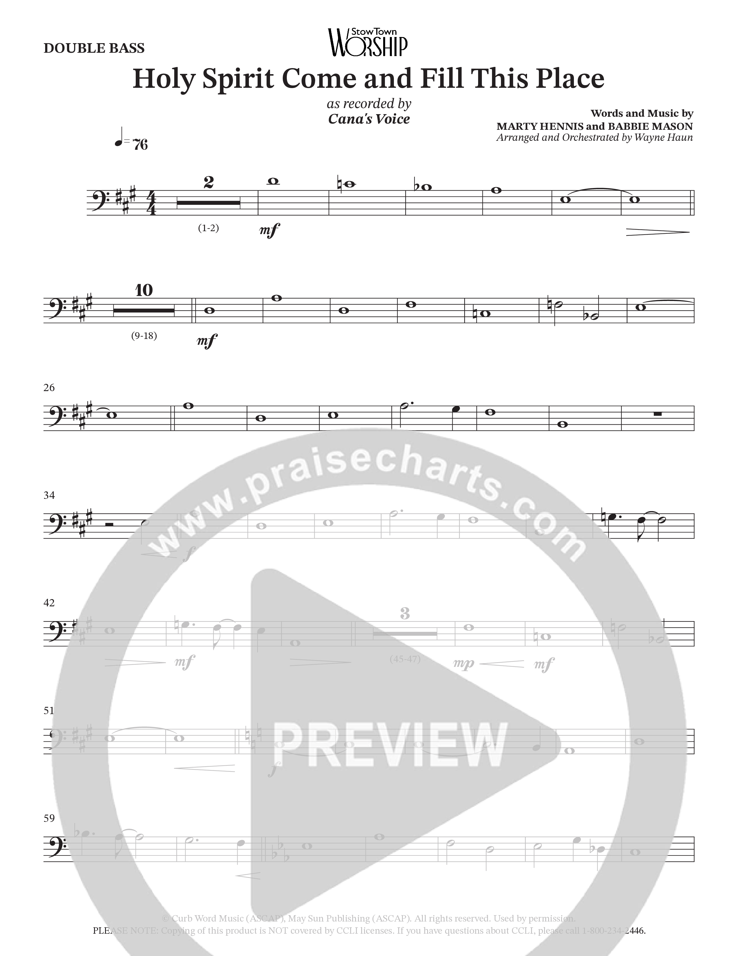 Holy Spirit Come And Fill This Place (Choral Anthem SATB) Double Bass (Cana's Voice / Arr. Wayne Haun)