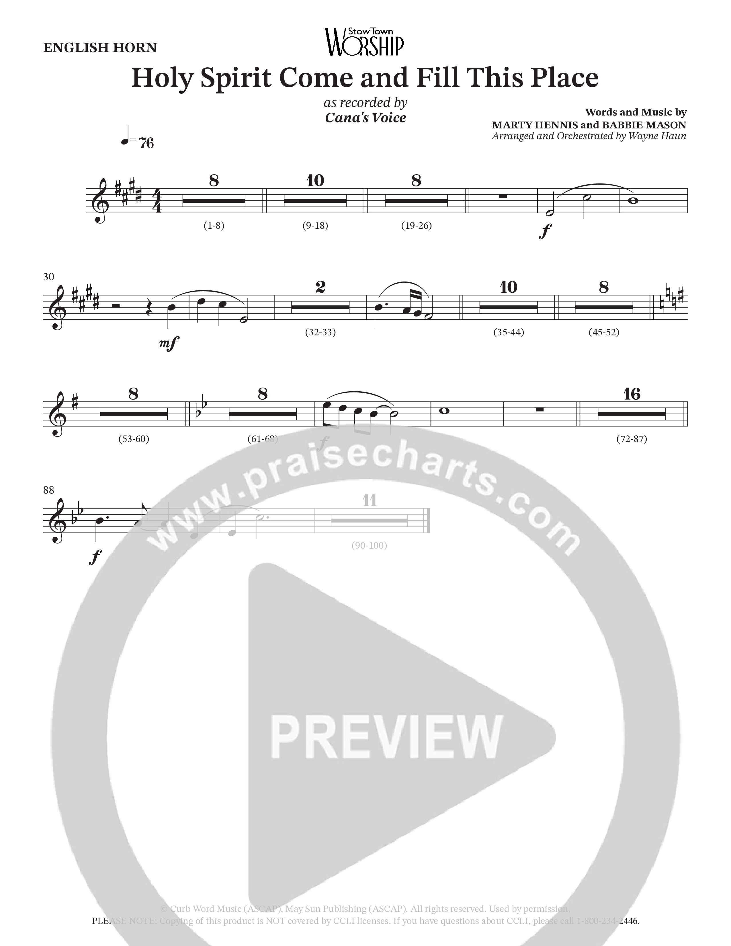 Holy Spirit Come And Fill This Place (Choral Anthem SATB) English Horn (Cana's Voice / Arr. Wayne Haun)