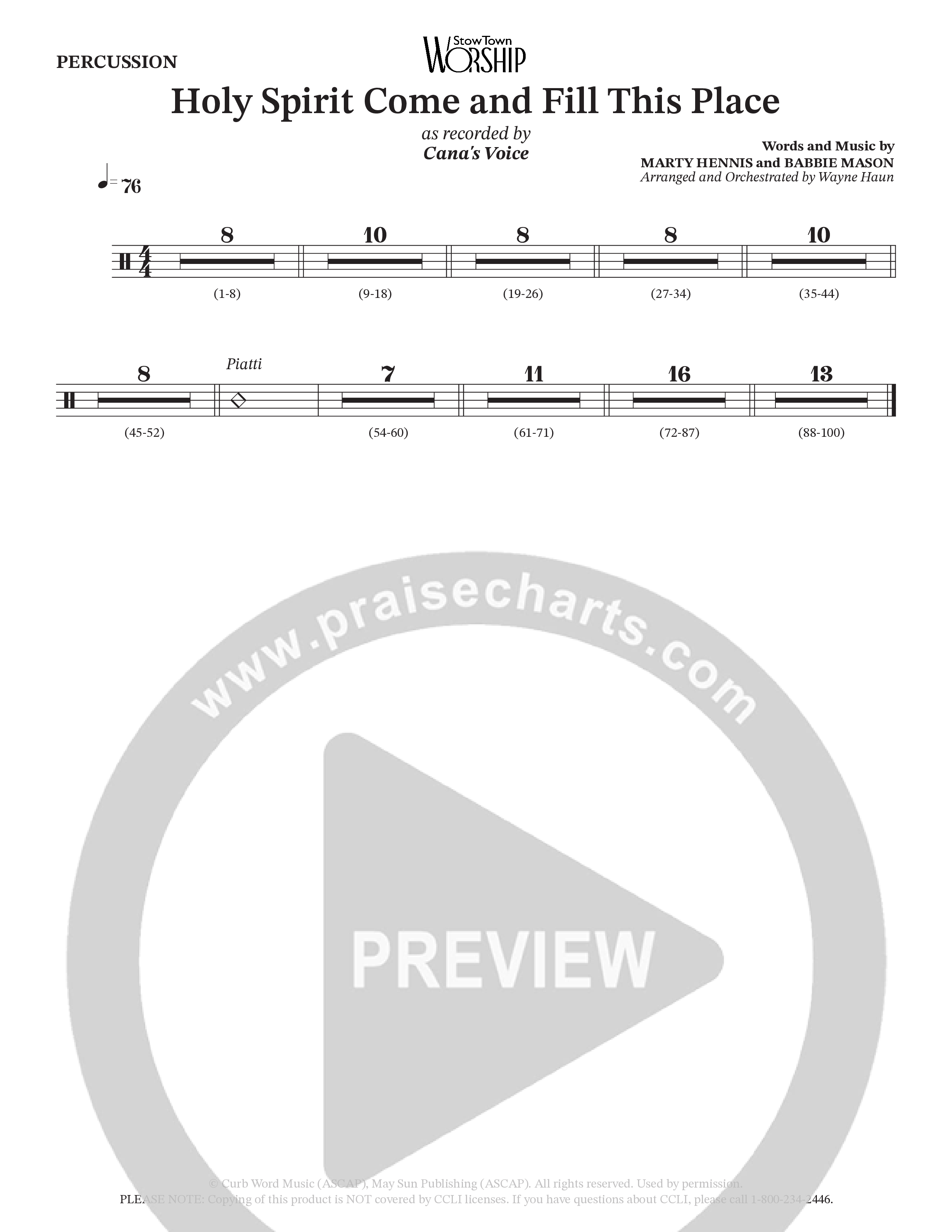 Holy Spirit Come And Fill This Place (Choral Anthem SATB) Percussion (Cana's Voice / Arr. Wayne Haun)