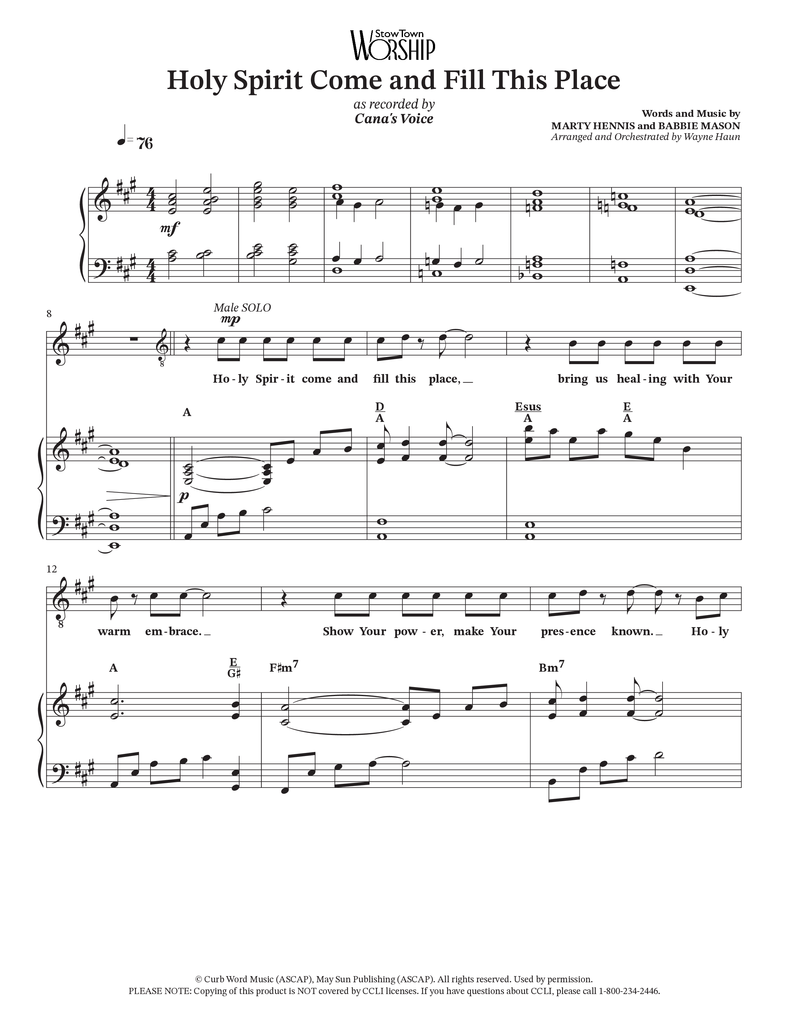 Holy Spirit Come And Fill This Place (Choral Anthem SATB) Piano/Vocal Pack (Cana's Voice / Arr. Wayne Haun)