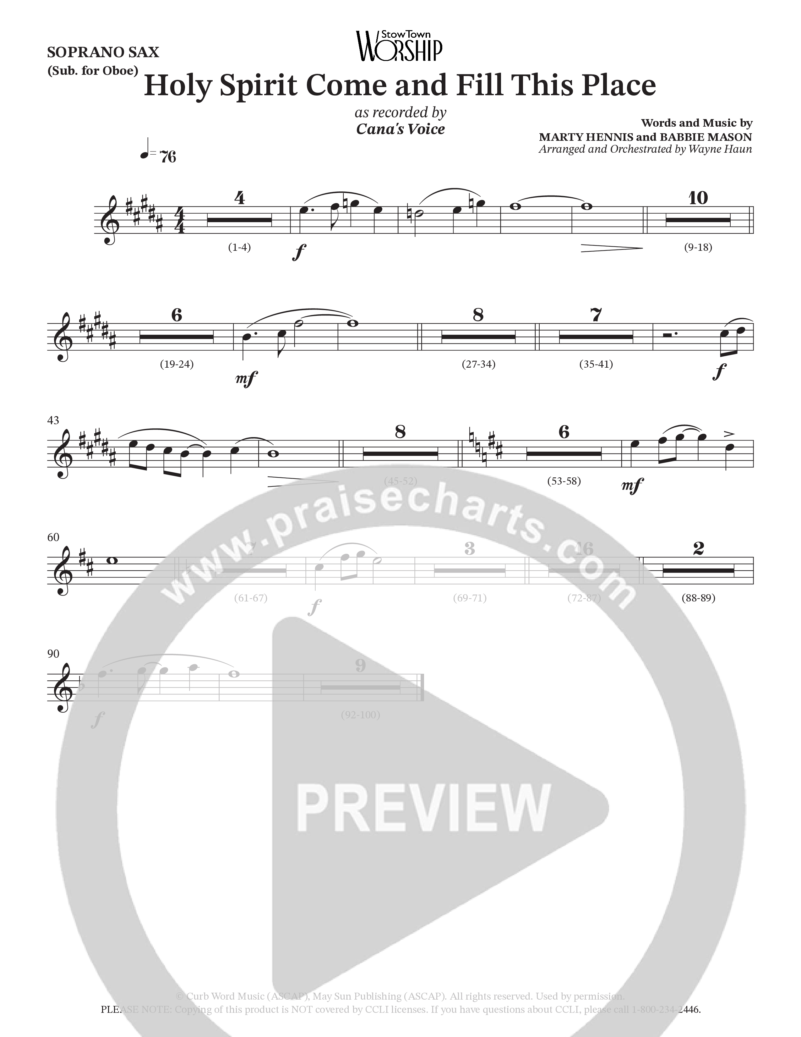 Holy Spirit Come And Fill This Place (Choral Anthem SATB) Soprano Sax (Cana's Voice / Arr. Wayne Haun)