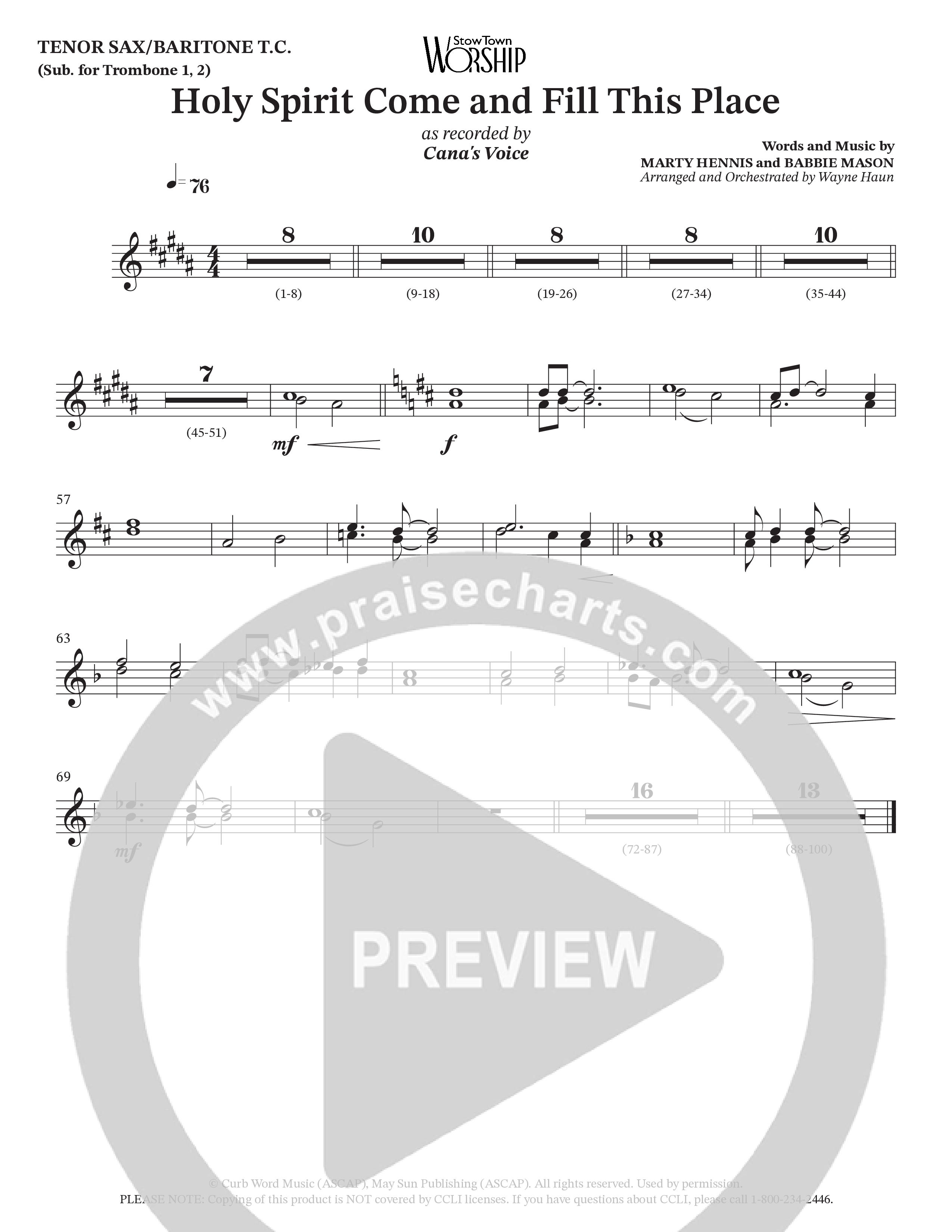 Holy Spirit Come And Fill This Place (Choral Anthem SATB) Tenor Sax/Baritone T.C. (Cana's Voice / Arr. Wayne Haun)