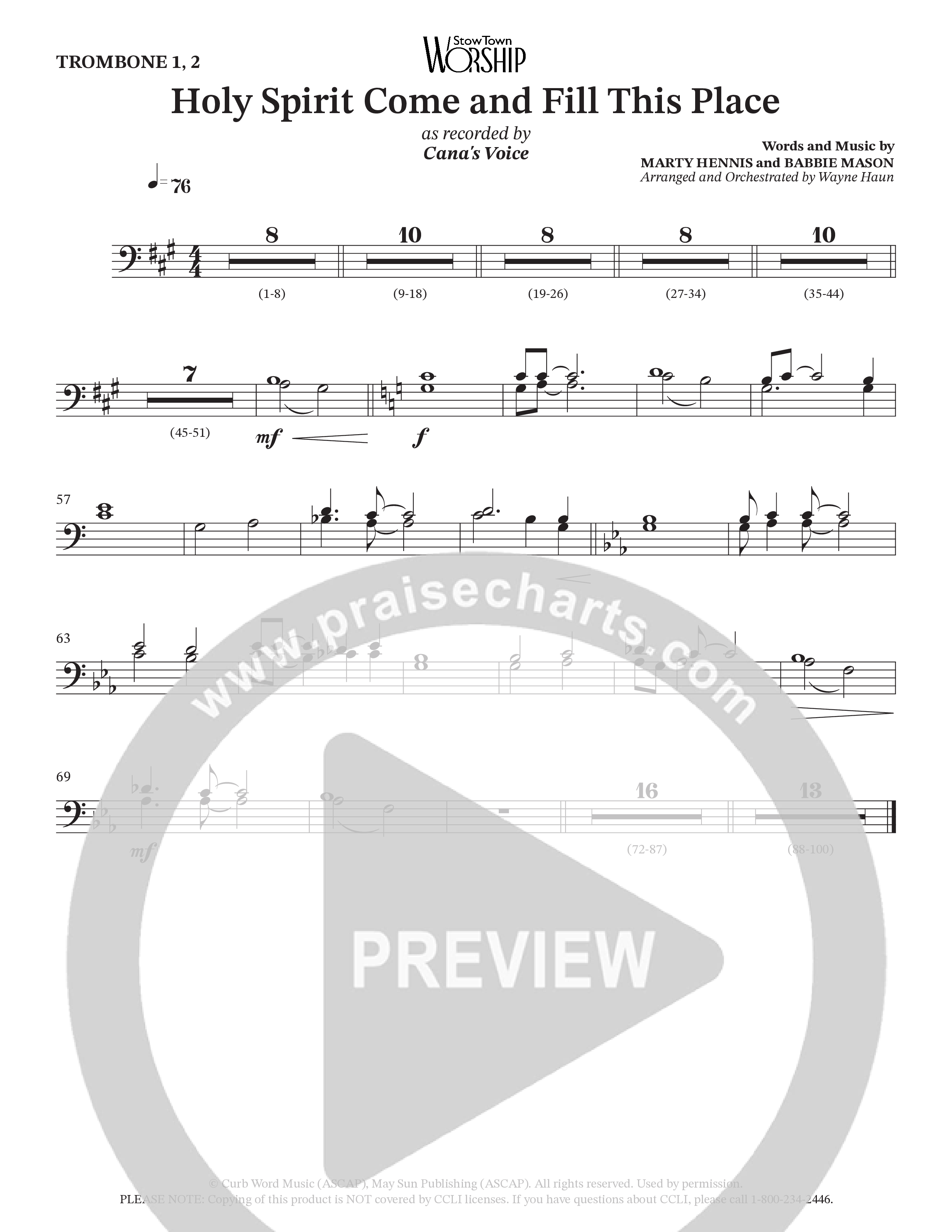 Holy Spirit Come And Fill This Place (Choral Anthem SATB) Trombone 1/2 (Cana's Voice / Arr. Wayne Haun)