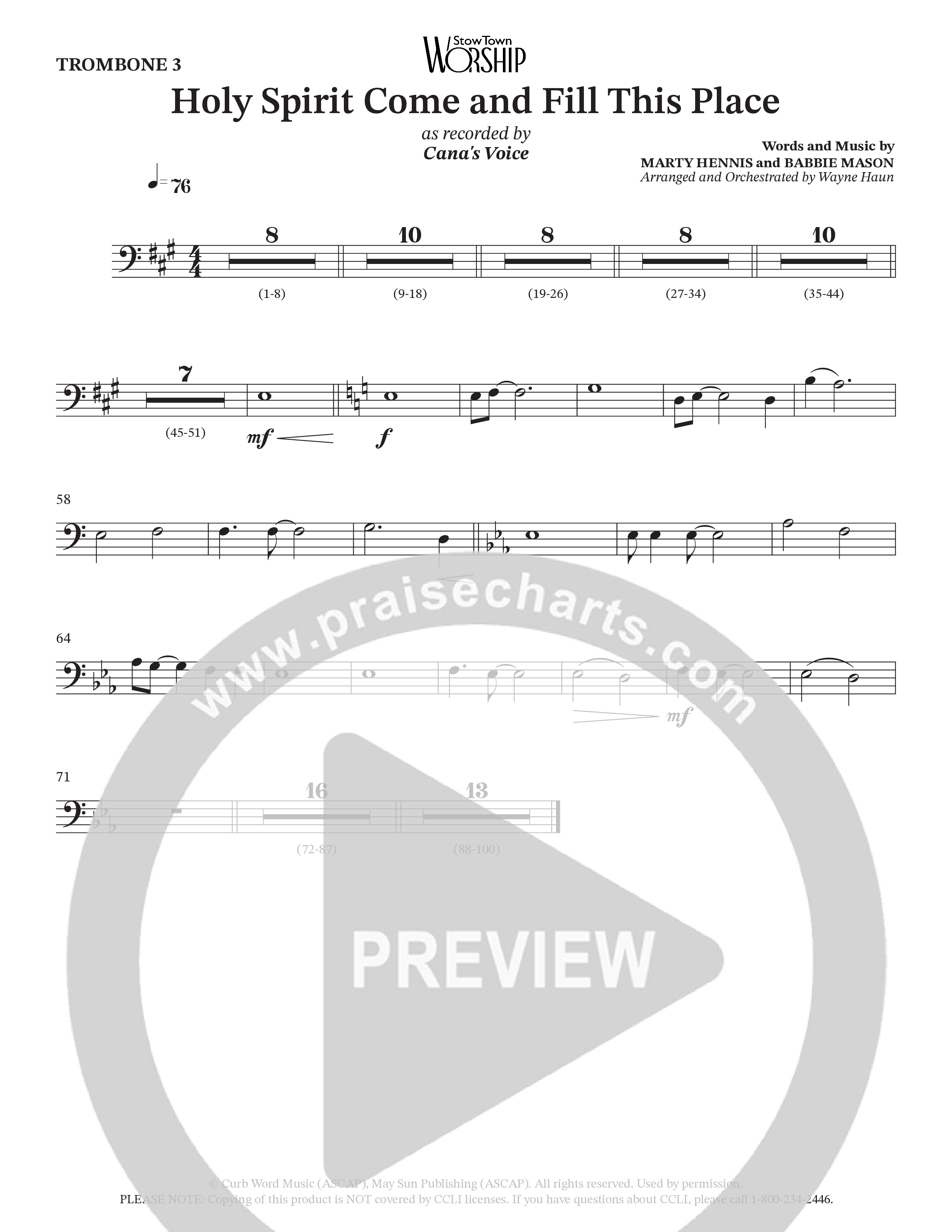 Holy Spirit Come And Fill This Place (Choral Anthem SATB) Trombone 3 (Cana's Voice / Arr. Wayne Haun)