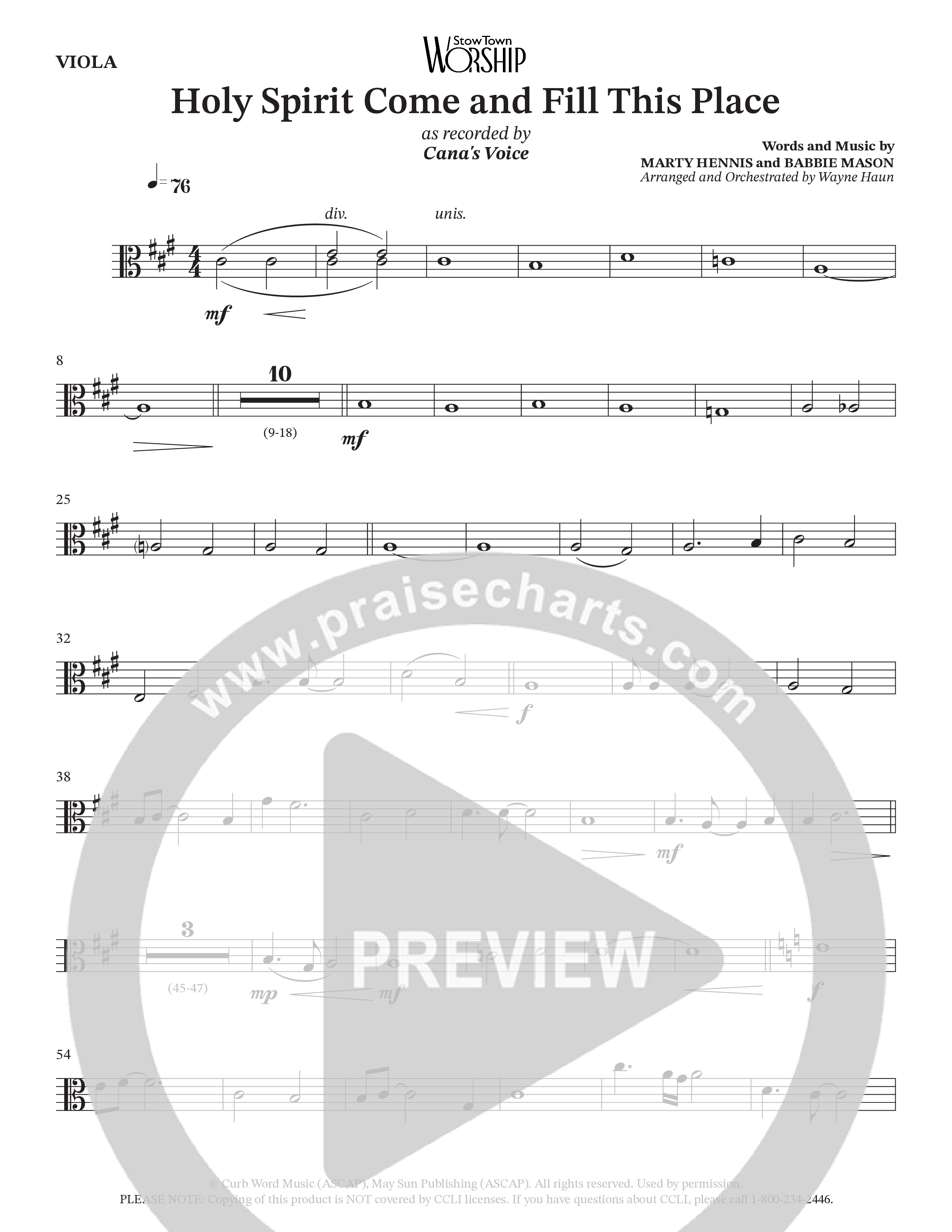 Holy Spirit Come And Fill This Place (Choral Anthem SATB) Viola (Cana's Voice / Arr. Wayne Haun)