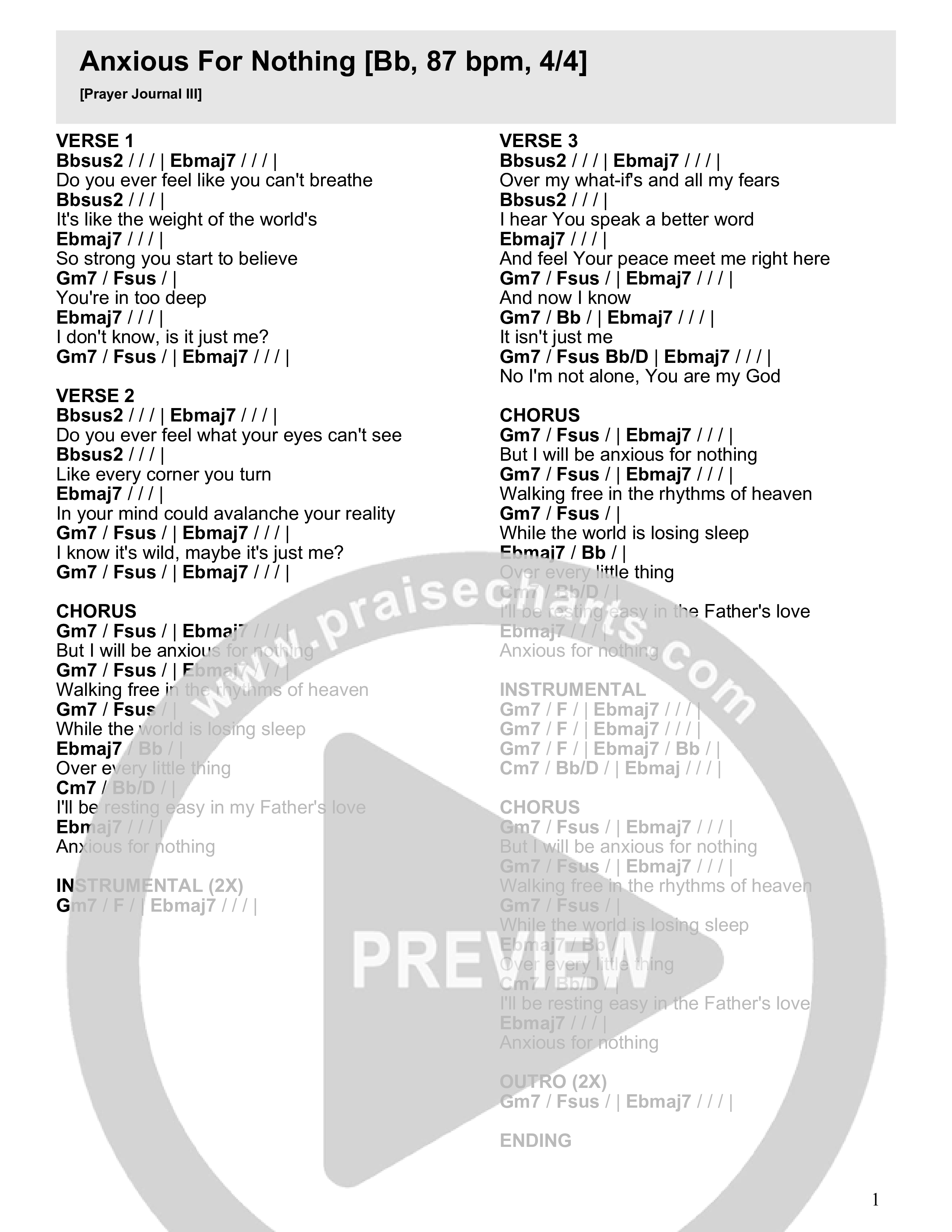 Anxious For Nothing Chord Chart (River Valley AGES)