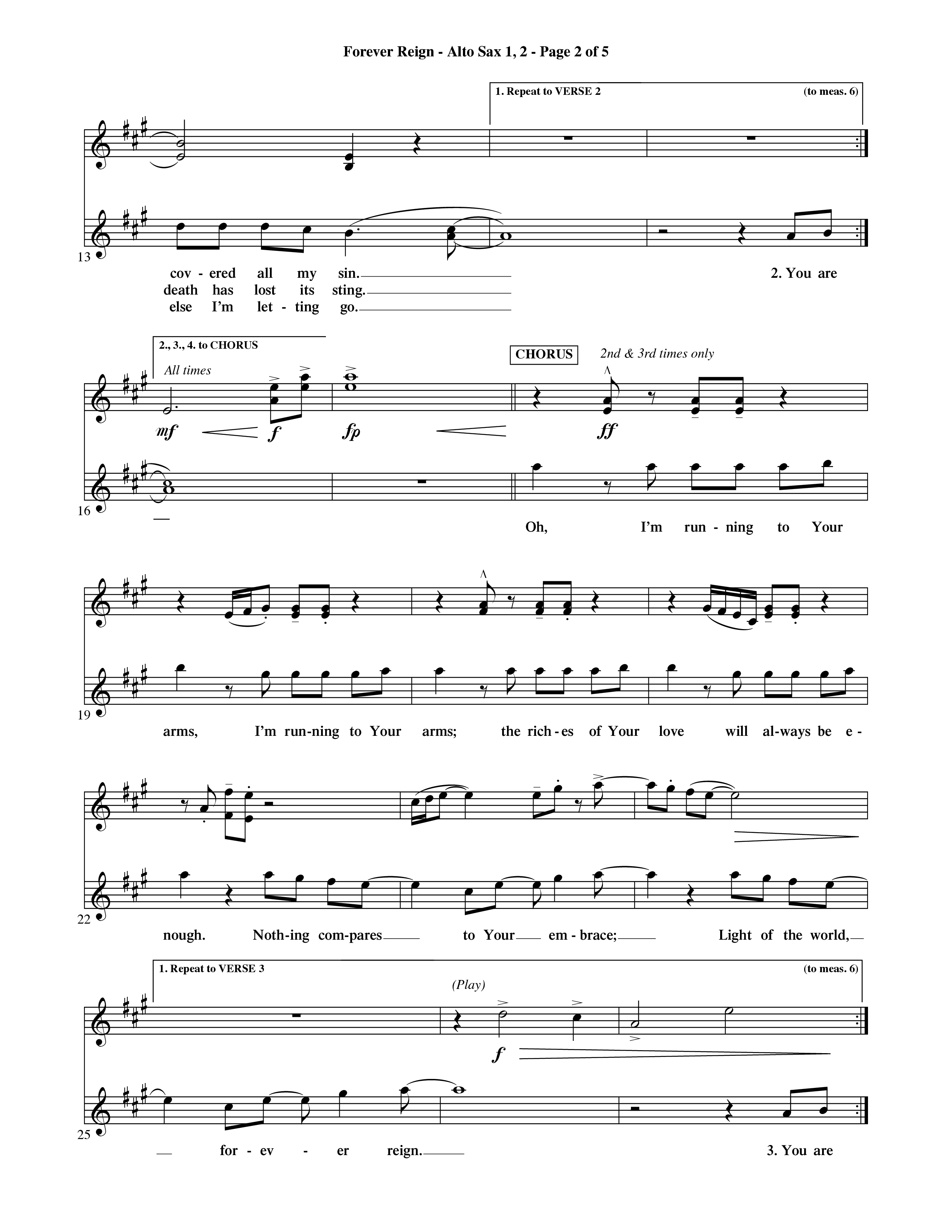 Forever Reign (Choral Anthem SATB) Alto Sax 1/2 (Word Music Choral / Orch. Michael Lawrence)
