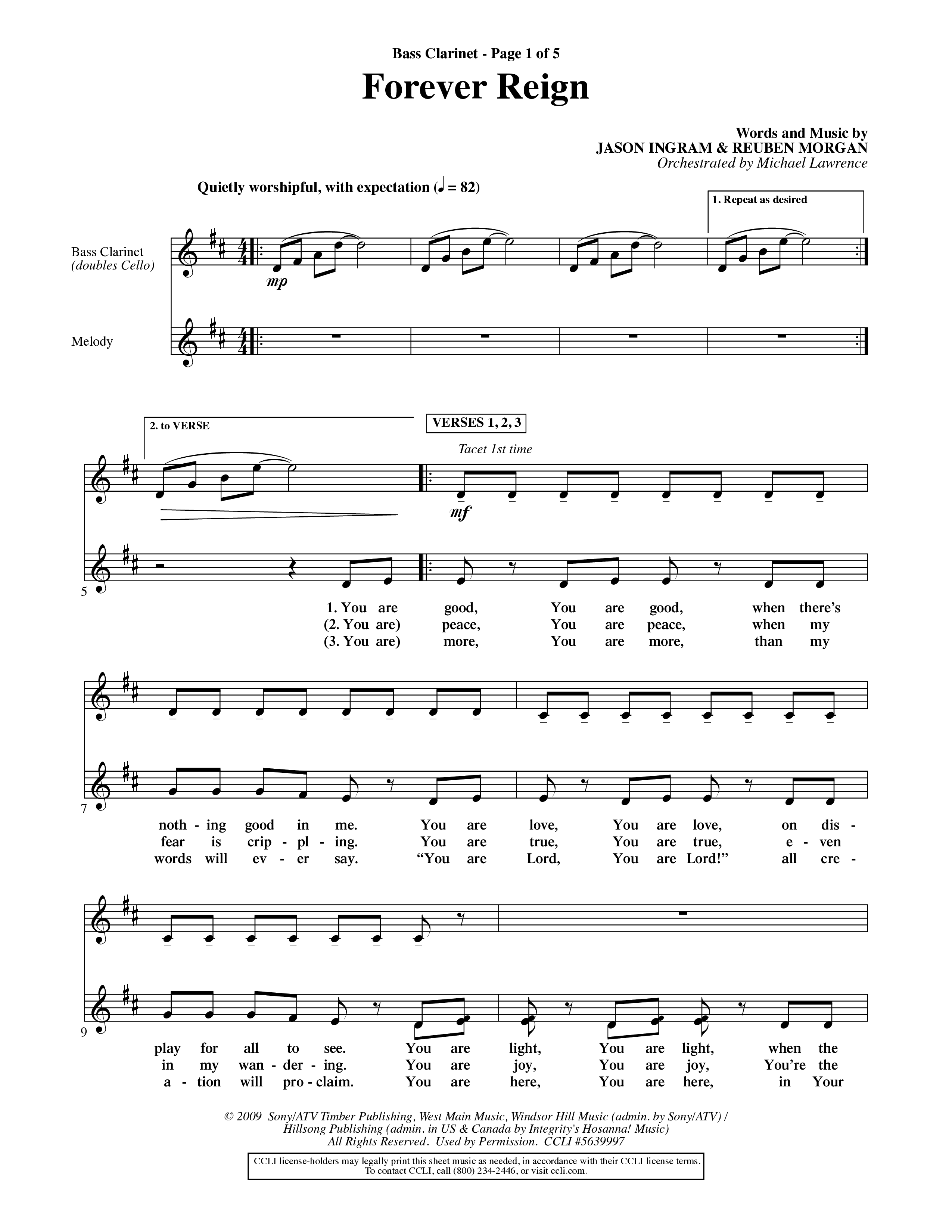 Forever Reign (Choral Anthem SATB) Bass Clarinet (Word Music Choral / Orch. Michael Lawrence)