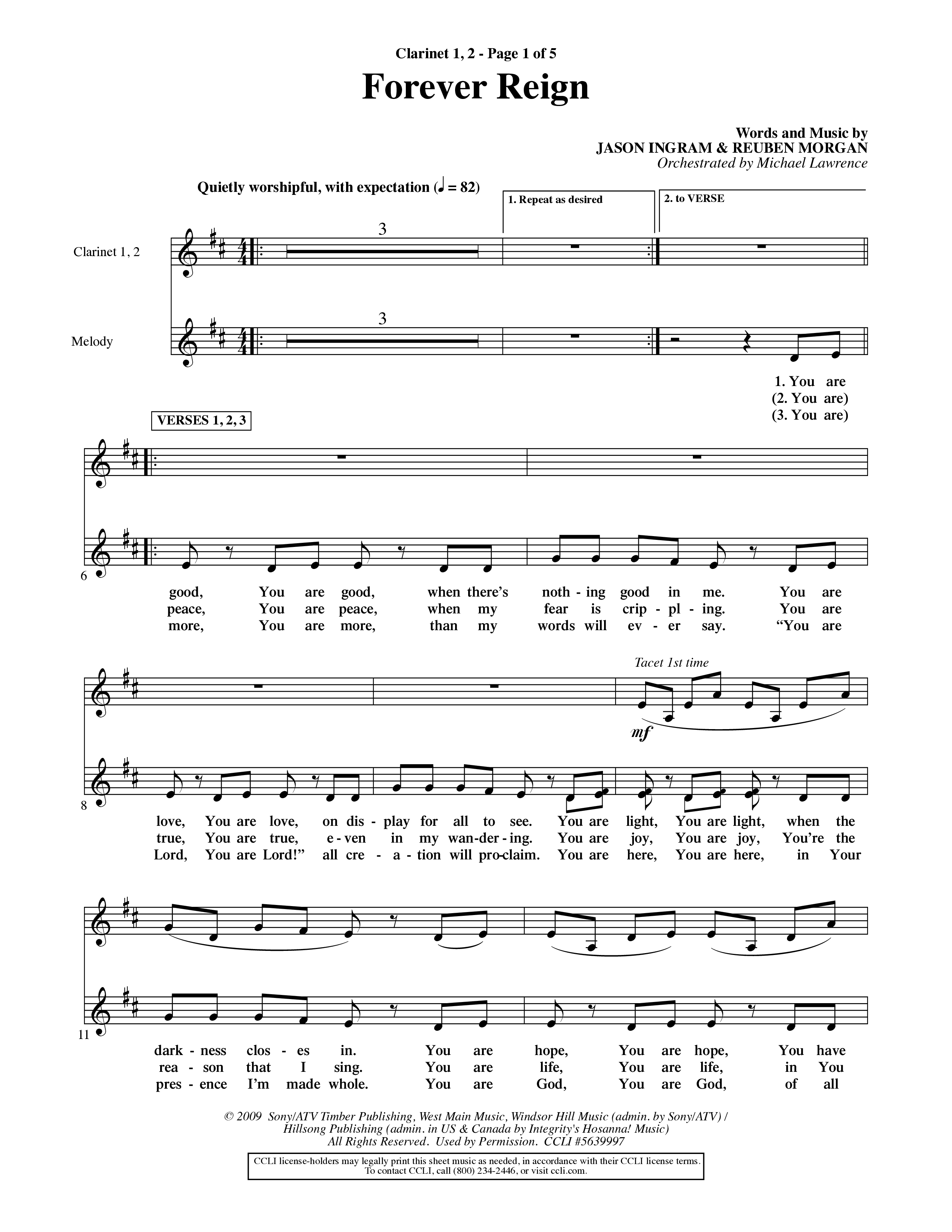 Forever Reign (Choral Anthem SATB) Clarinet 1/2 (Word Music Choral / Orch. Michael Lawrence)