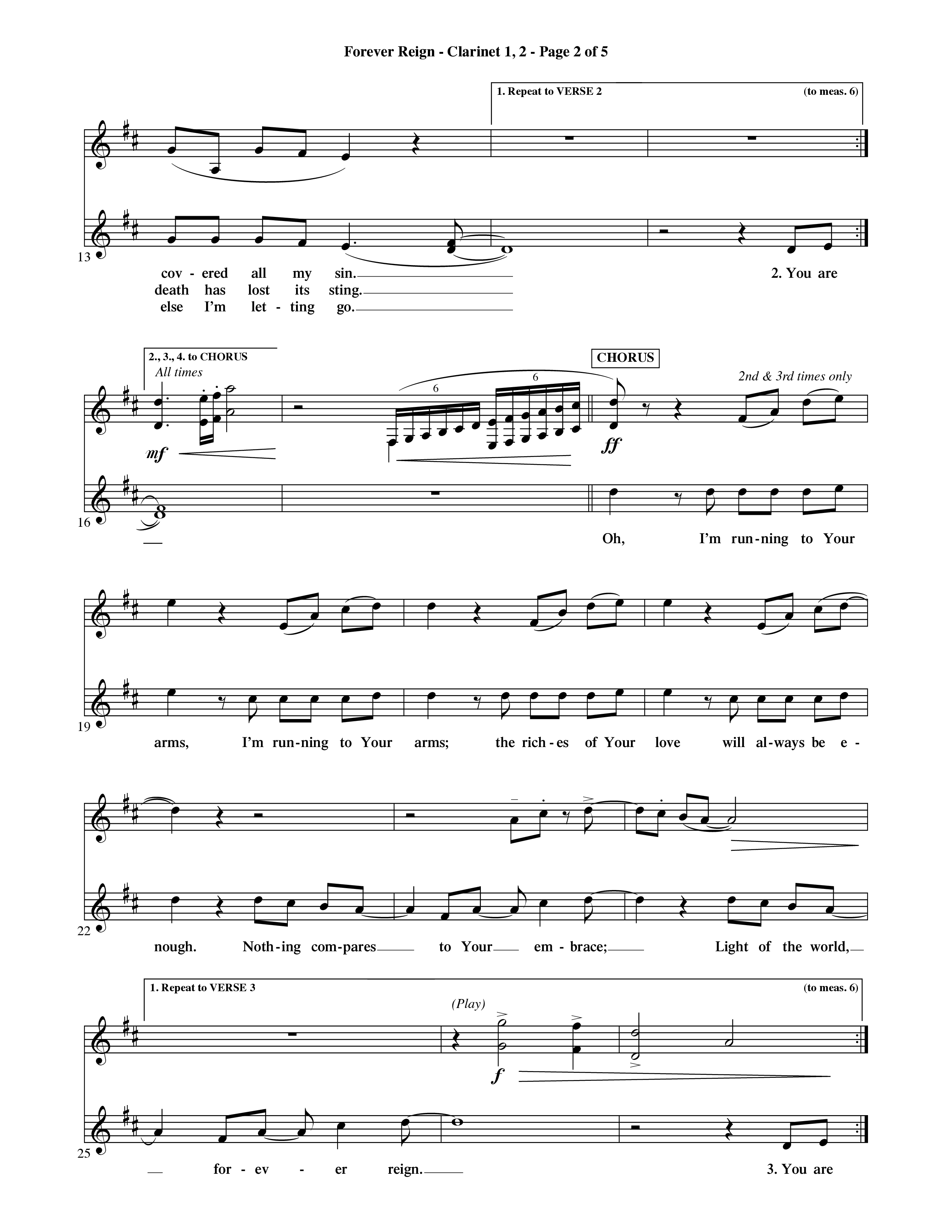 Forever Reign (Choral Anthem SATB) Clarinet 1/2 (Word Music Choral / Orch. Michael Lawrence)