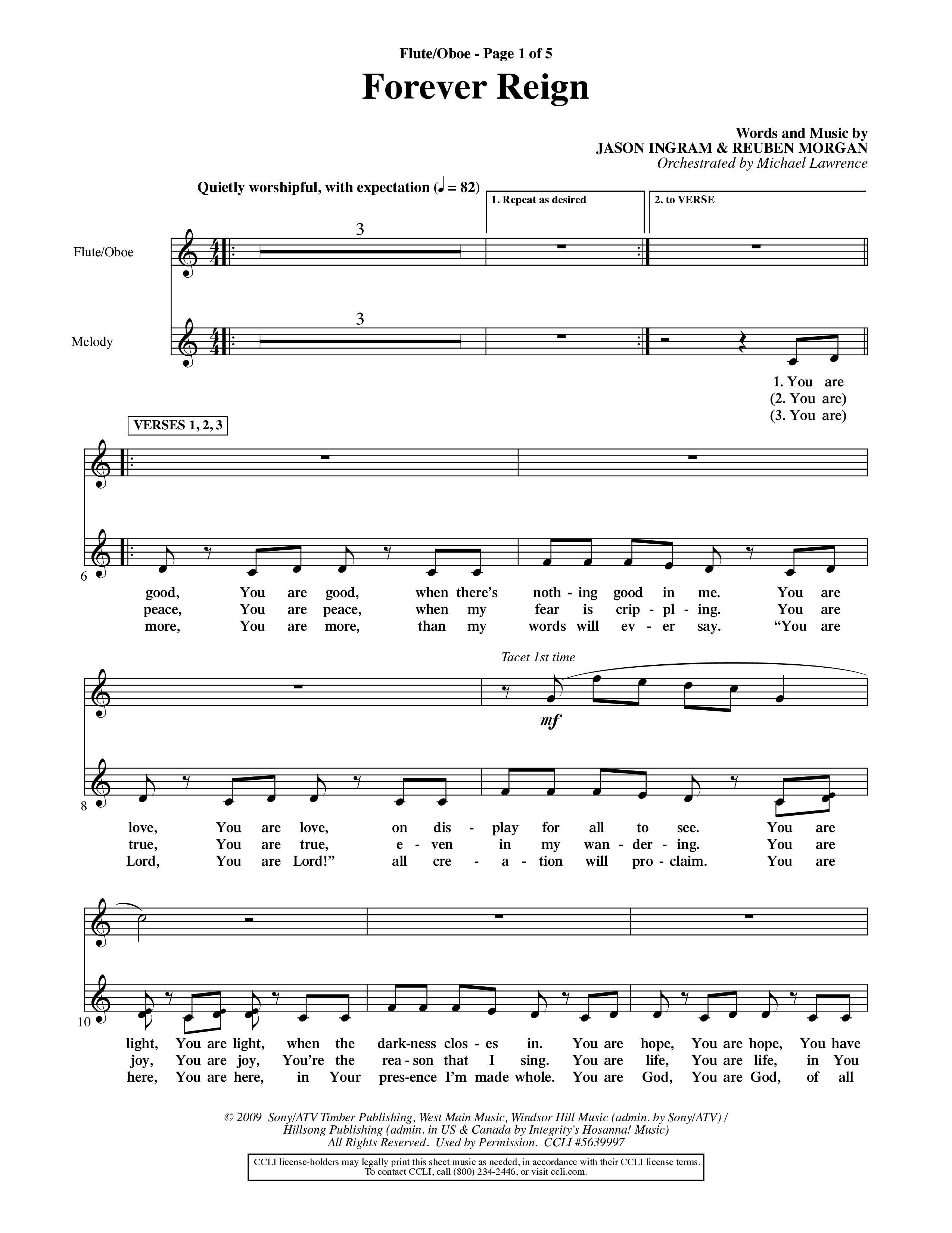 Forever Reign (Choral Anthem SATB) Flute/Oboe (Word Music Choral / Orch. Michael Lawrence)