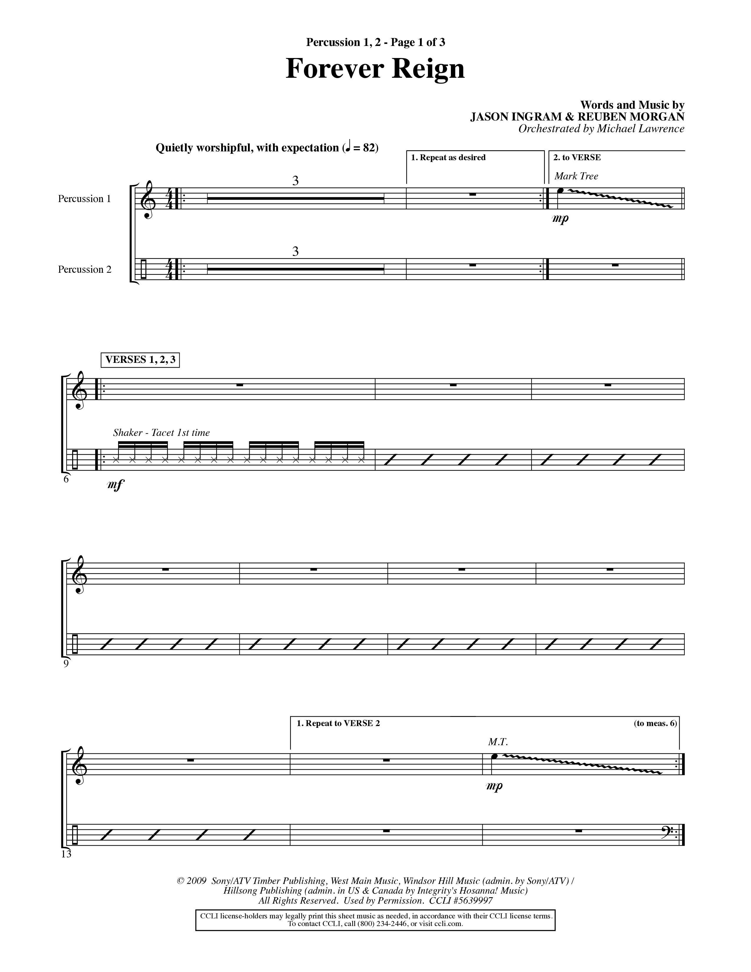 Forever Reign (Choral Anthem SATB) Percussion 1/2 (Word Music Choral / Orch. Michael Lawrence)